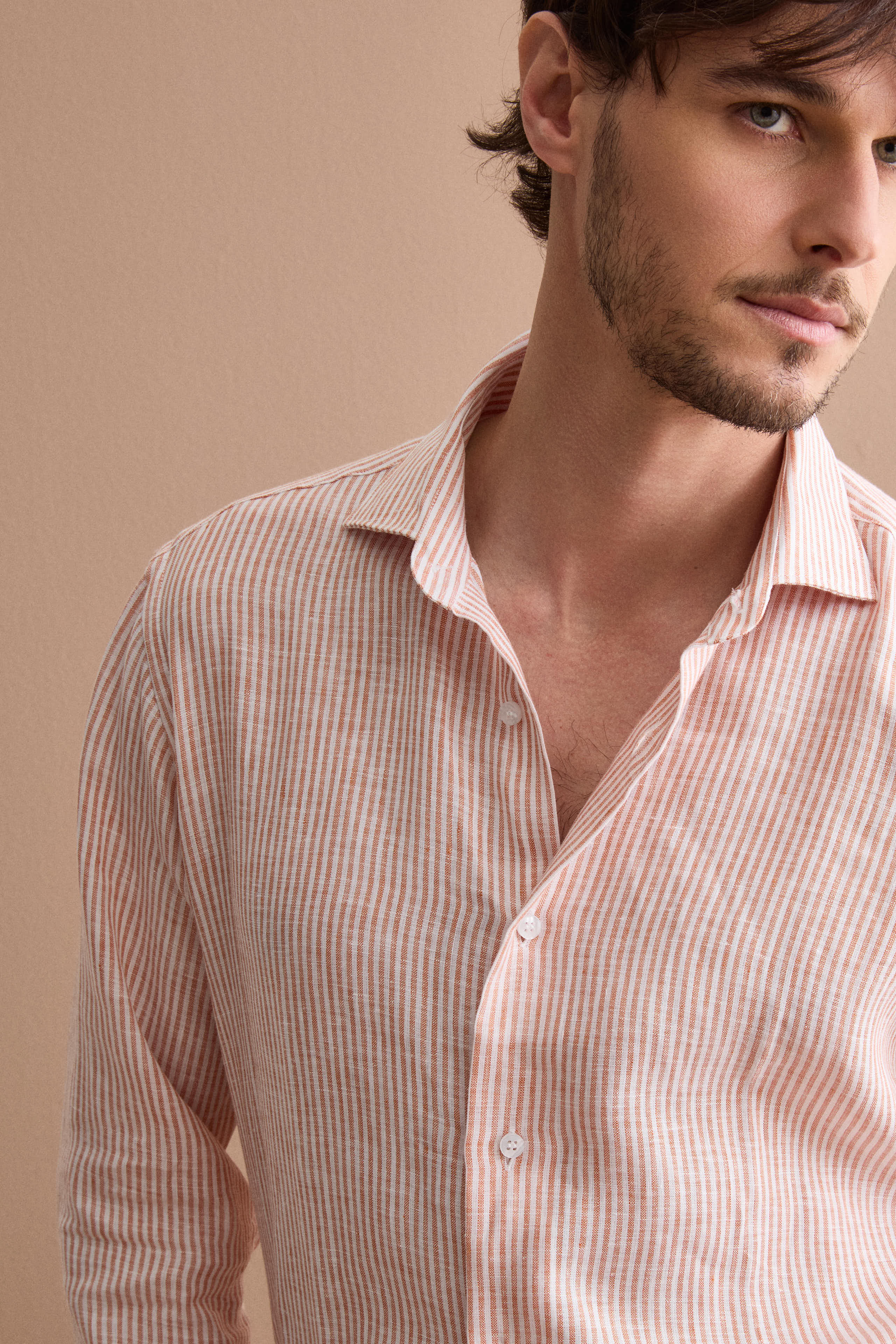 Striped linen custom-fit shirt - Rust Striped