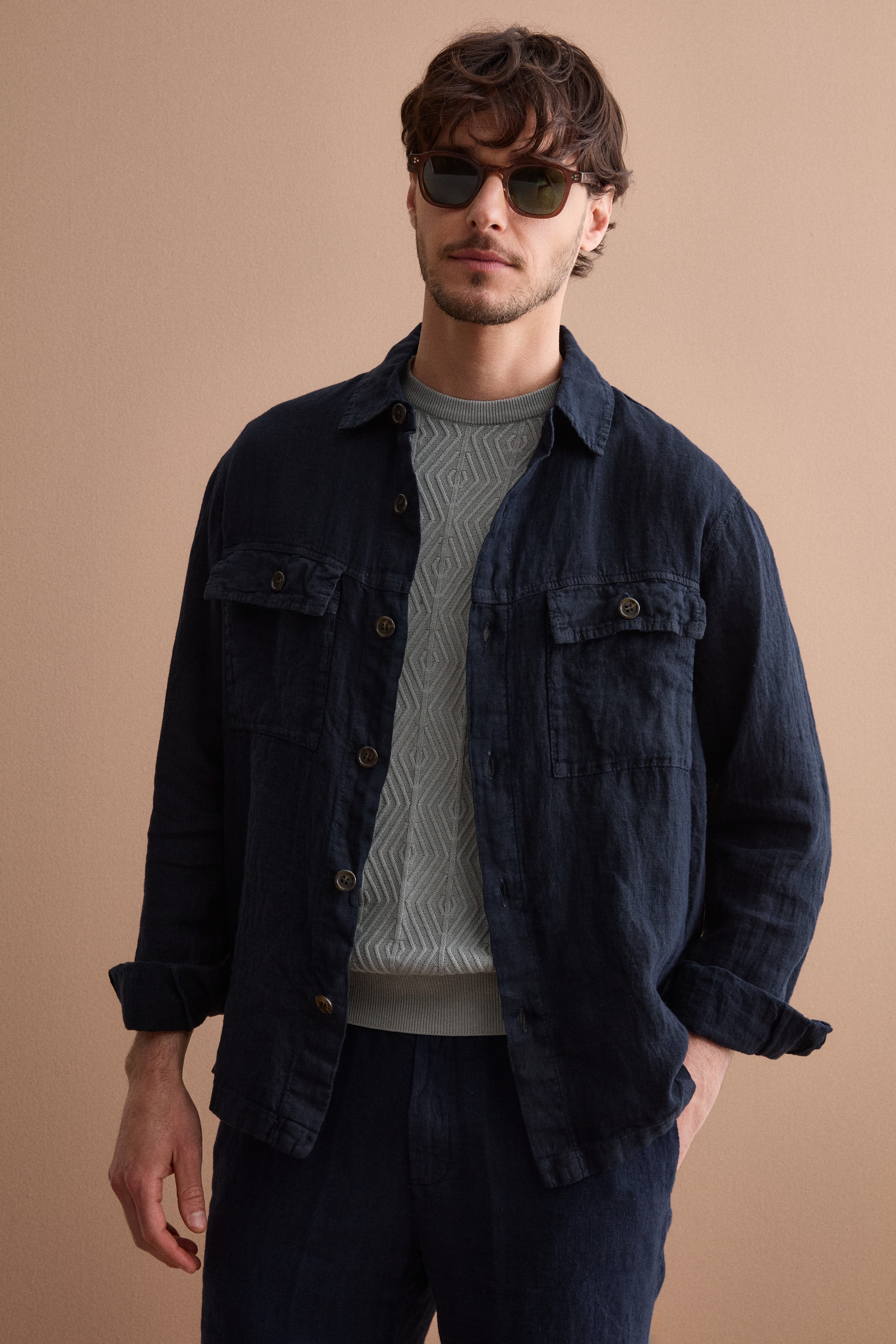 Linen Saharan Jacket with Pockets - BLUE