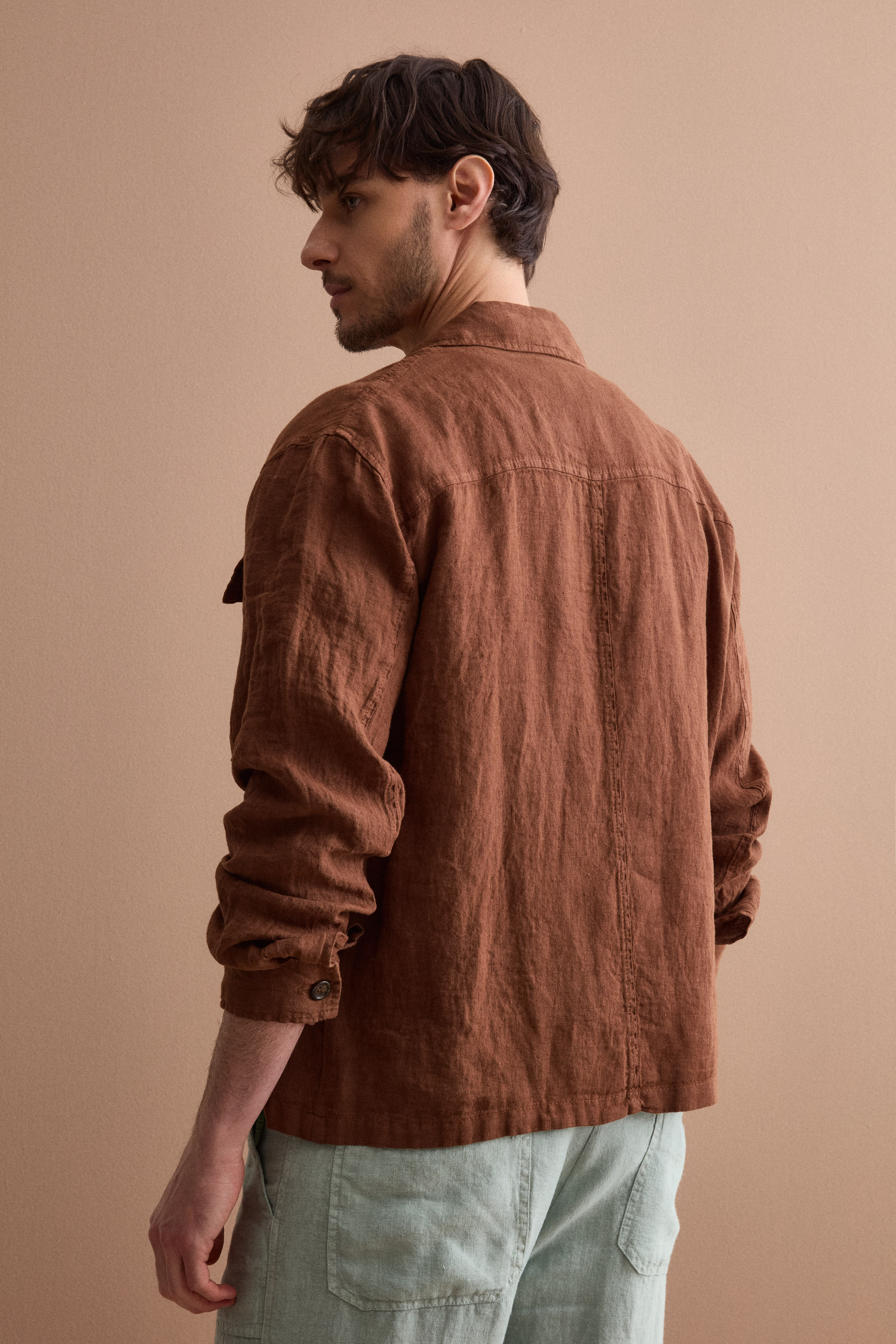 Linen Saharan Jacket with Pockets - brown