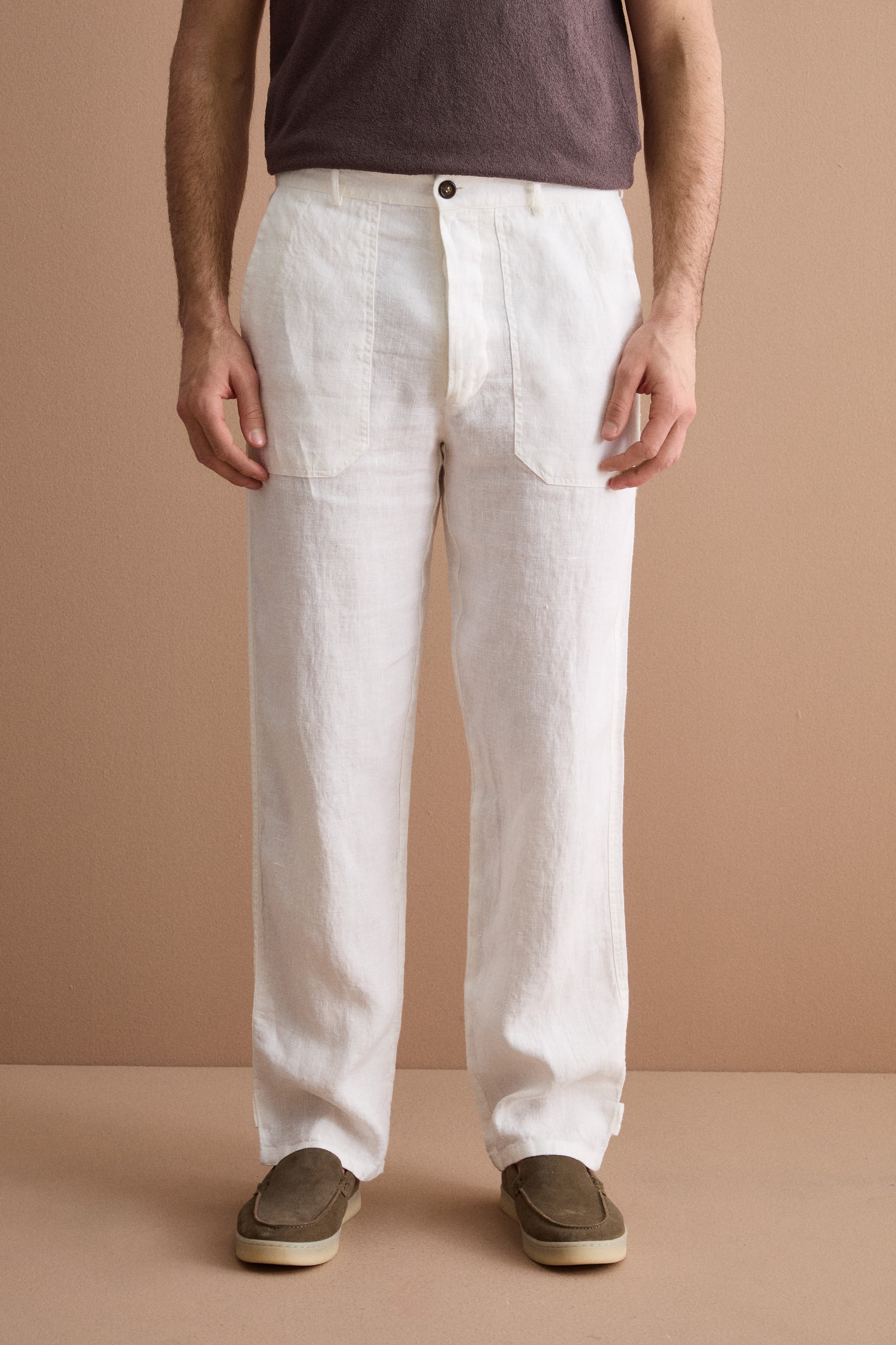 Pantalon Droit en Lin avec Poches et Patte de Serrage - CREAM