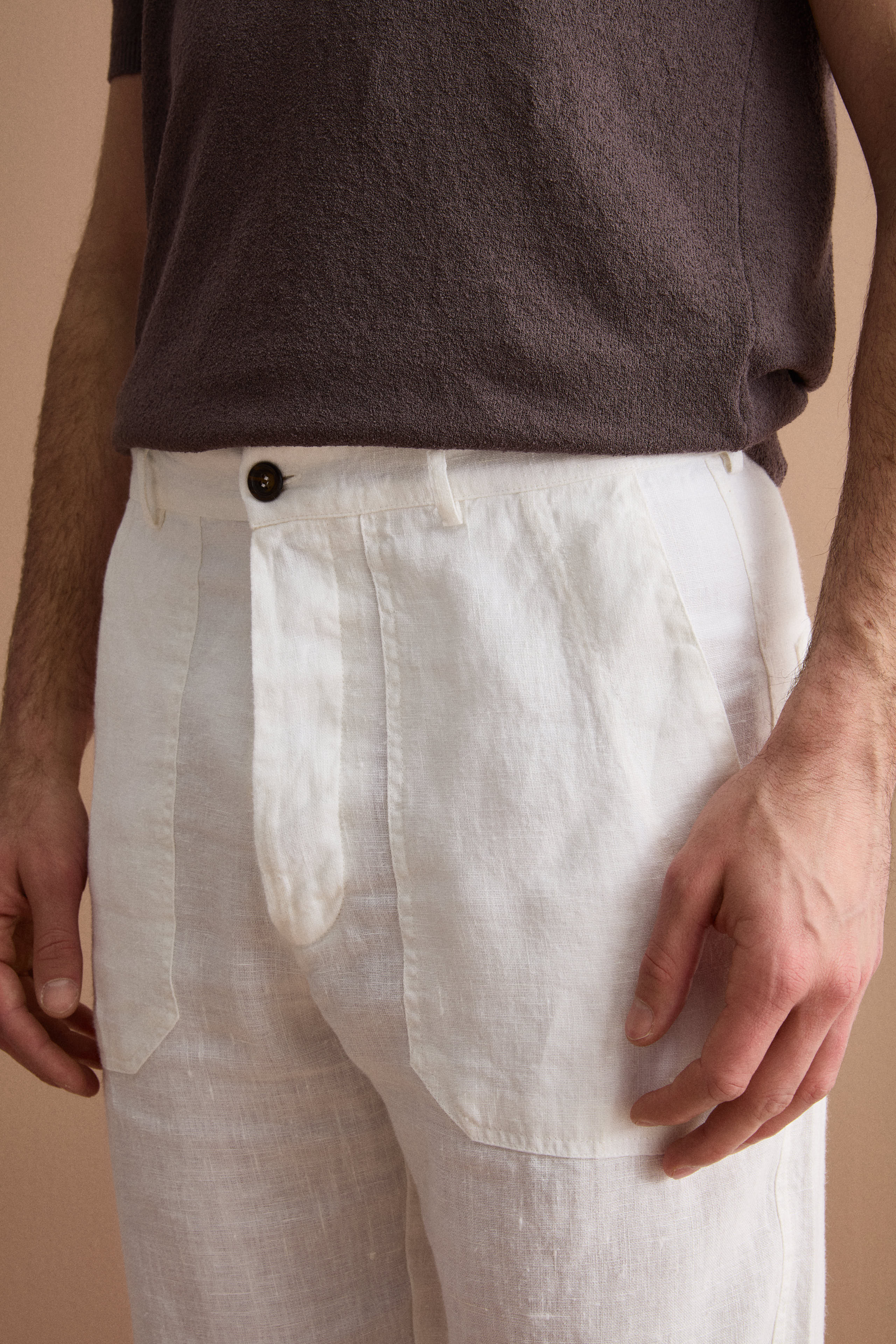Pantalon Droit en Lin avec Poches et Patte de Serrage - CREAM