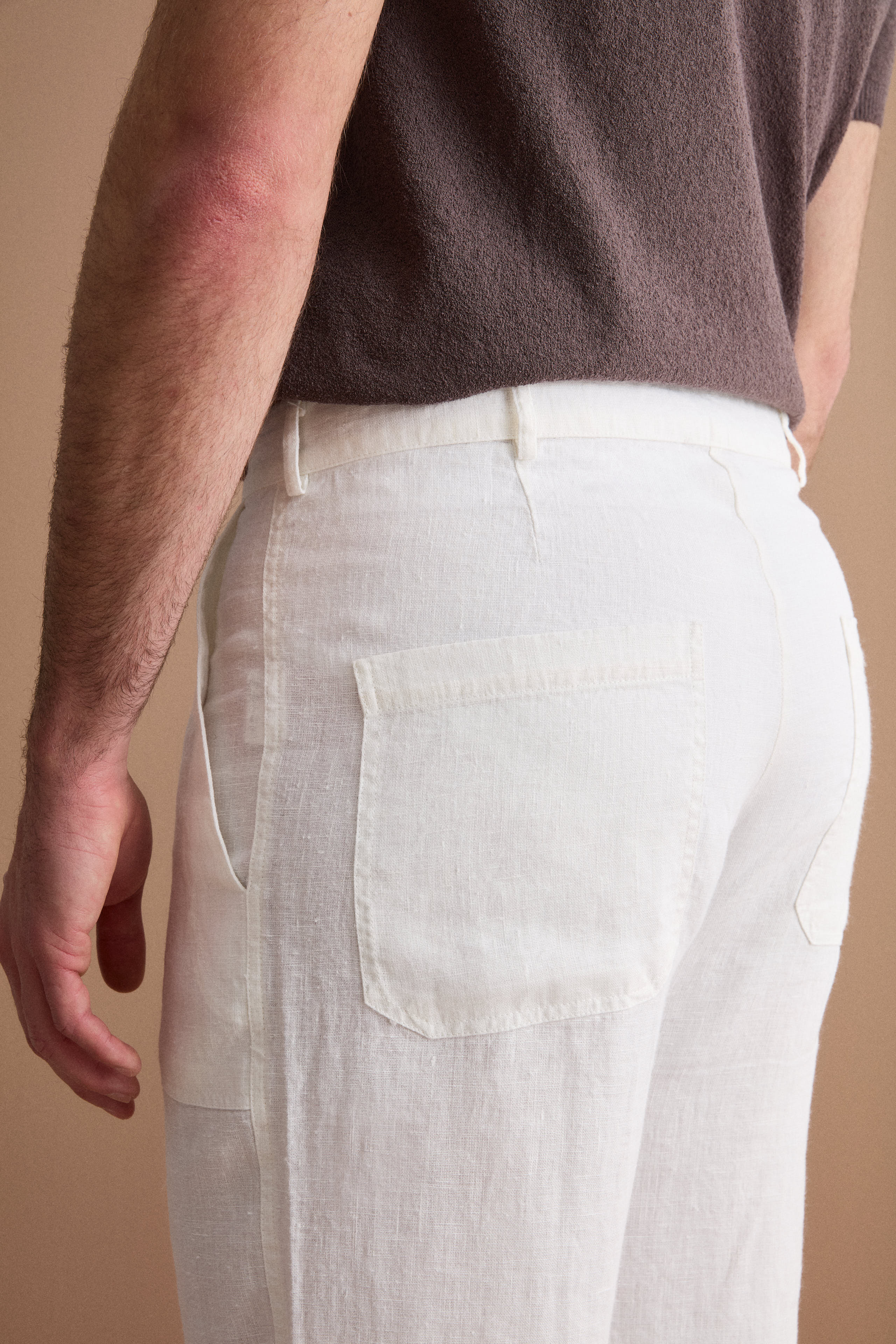 Pantalon Droit en Lin avec Poches et Patte de Serrage - CREAM