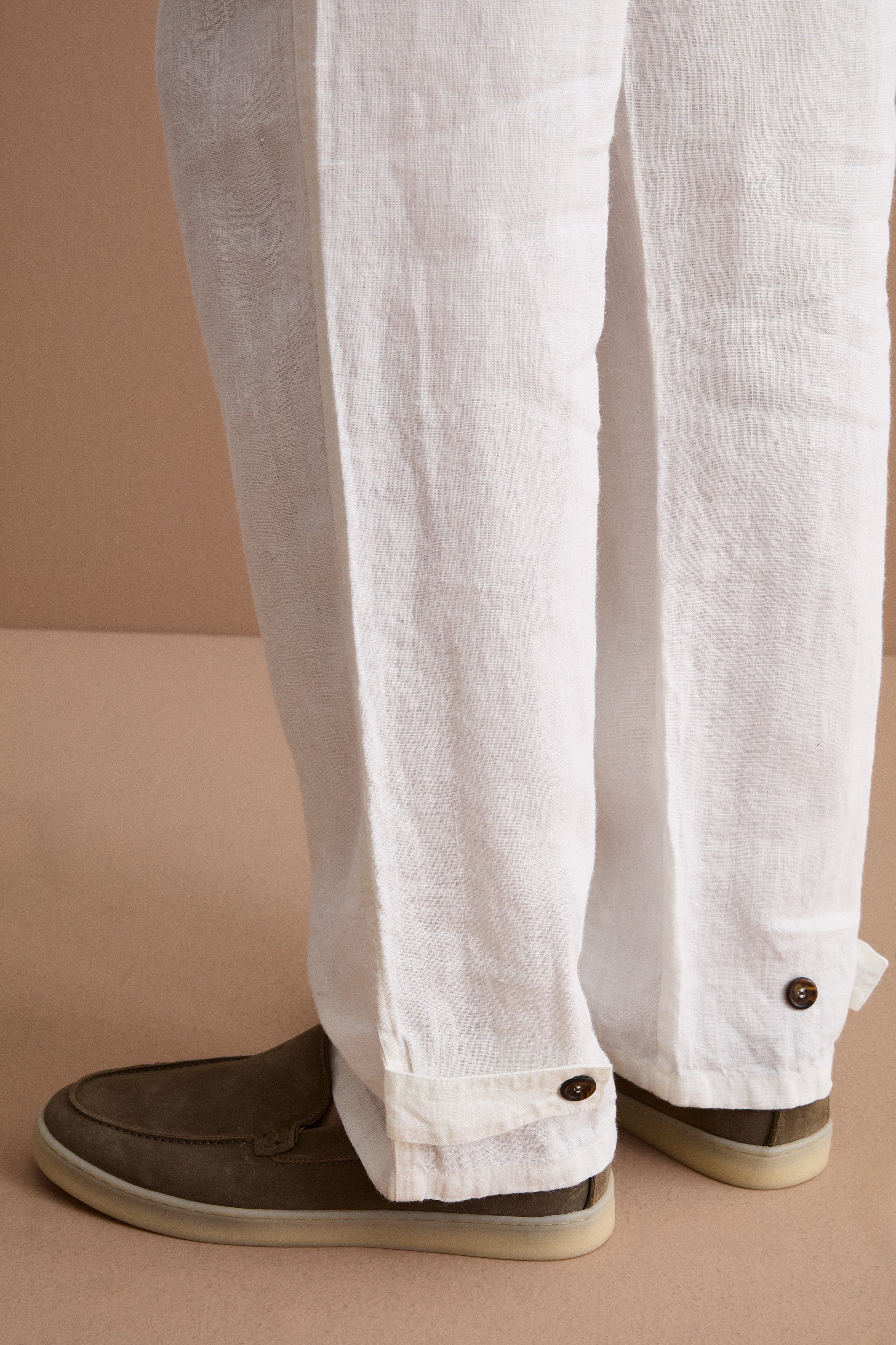 Pantalon Droit en Lin avec Poches et Patte de Serrage - CREAM
