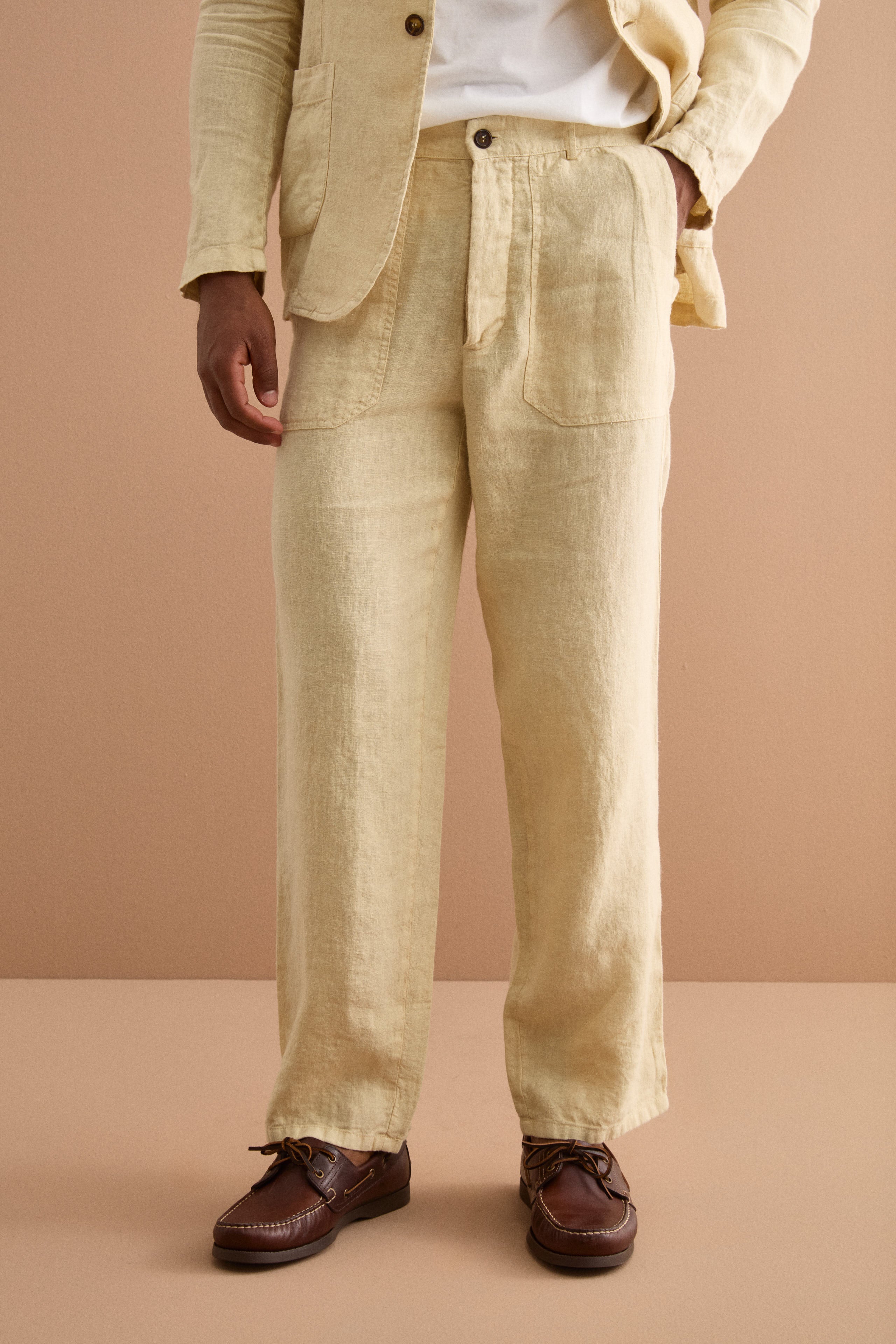 Straight-Linen-Hose mit Taschen und verstellbarem Beinabschluss - Sandbraun