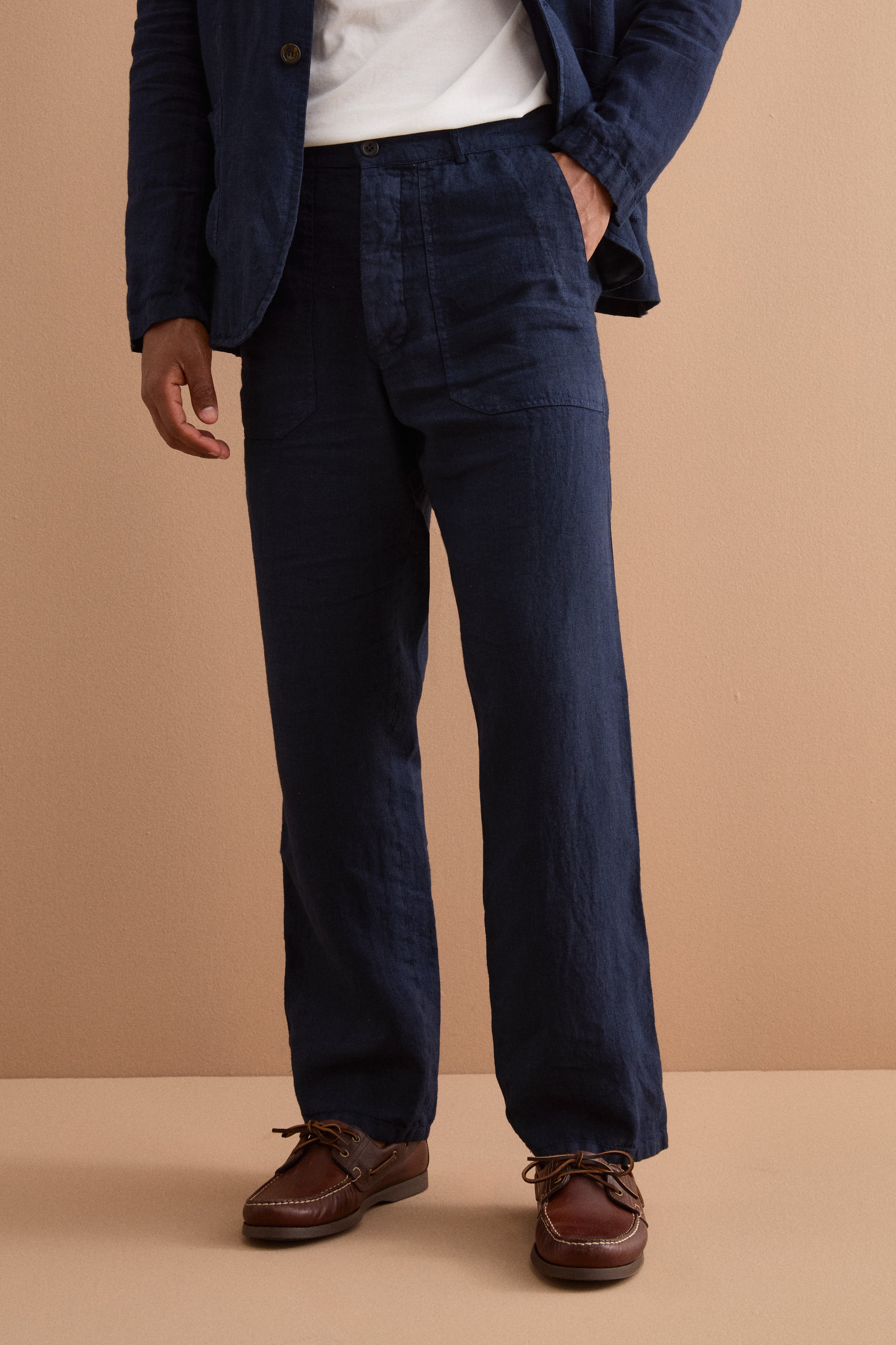 Straight-Linen-Hose mit Taschen und verstellbarem Beinabschluss - BLAU