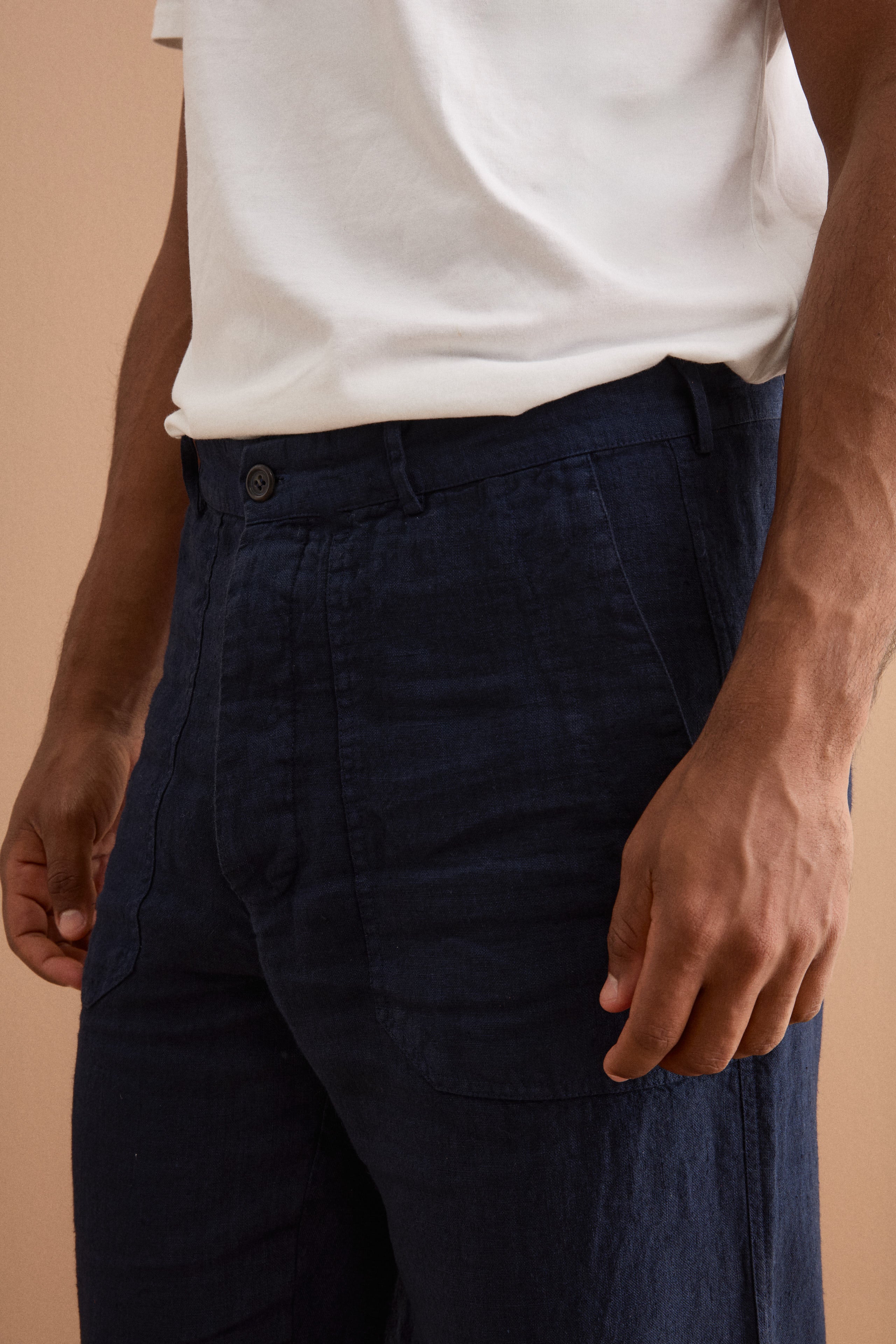 Straight-Linen-Hose mit Taschen und verstellbarem Beinabschluss - BLAU