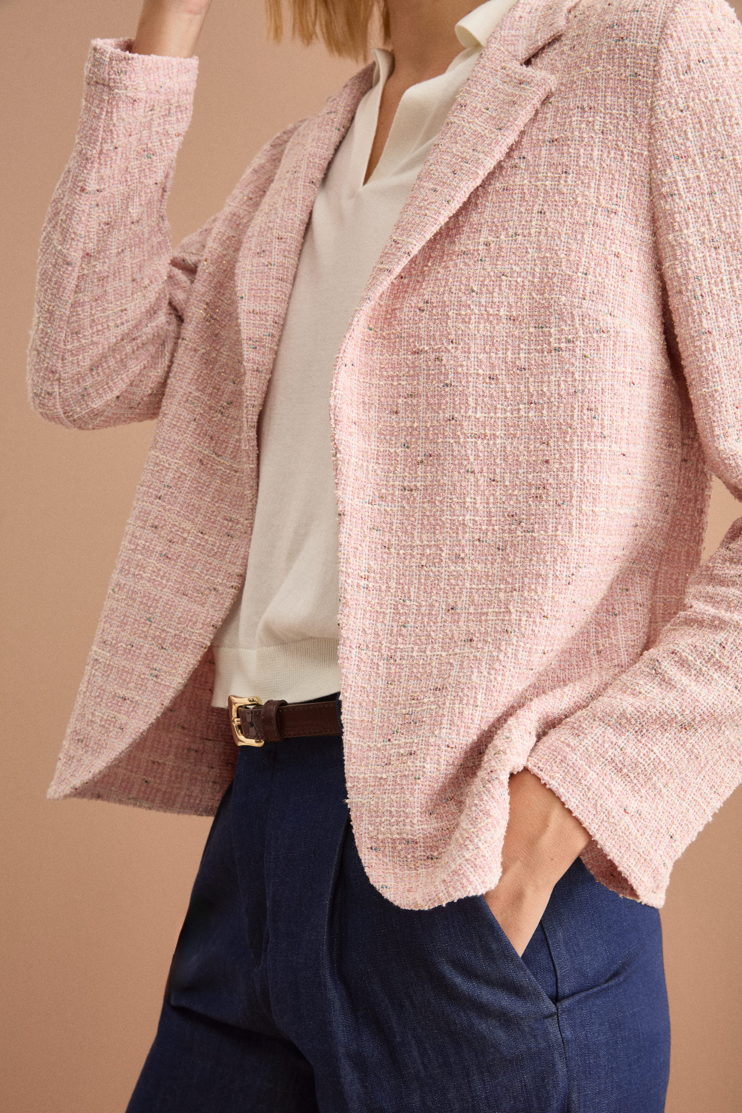 Open Bouclé Cotton Blend Jacket with Lurex - Pink