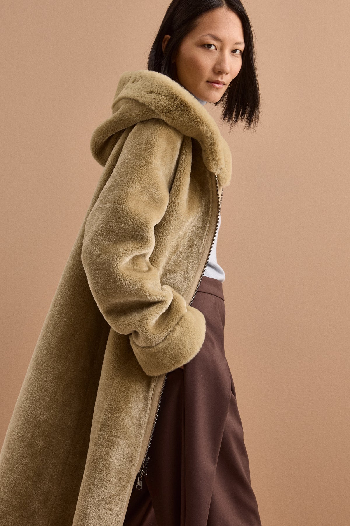 Cappotto Eco-Montone Reversibile con Cappuccio - VERDINO