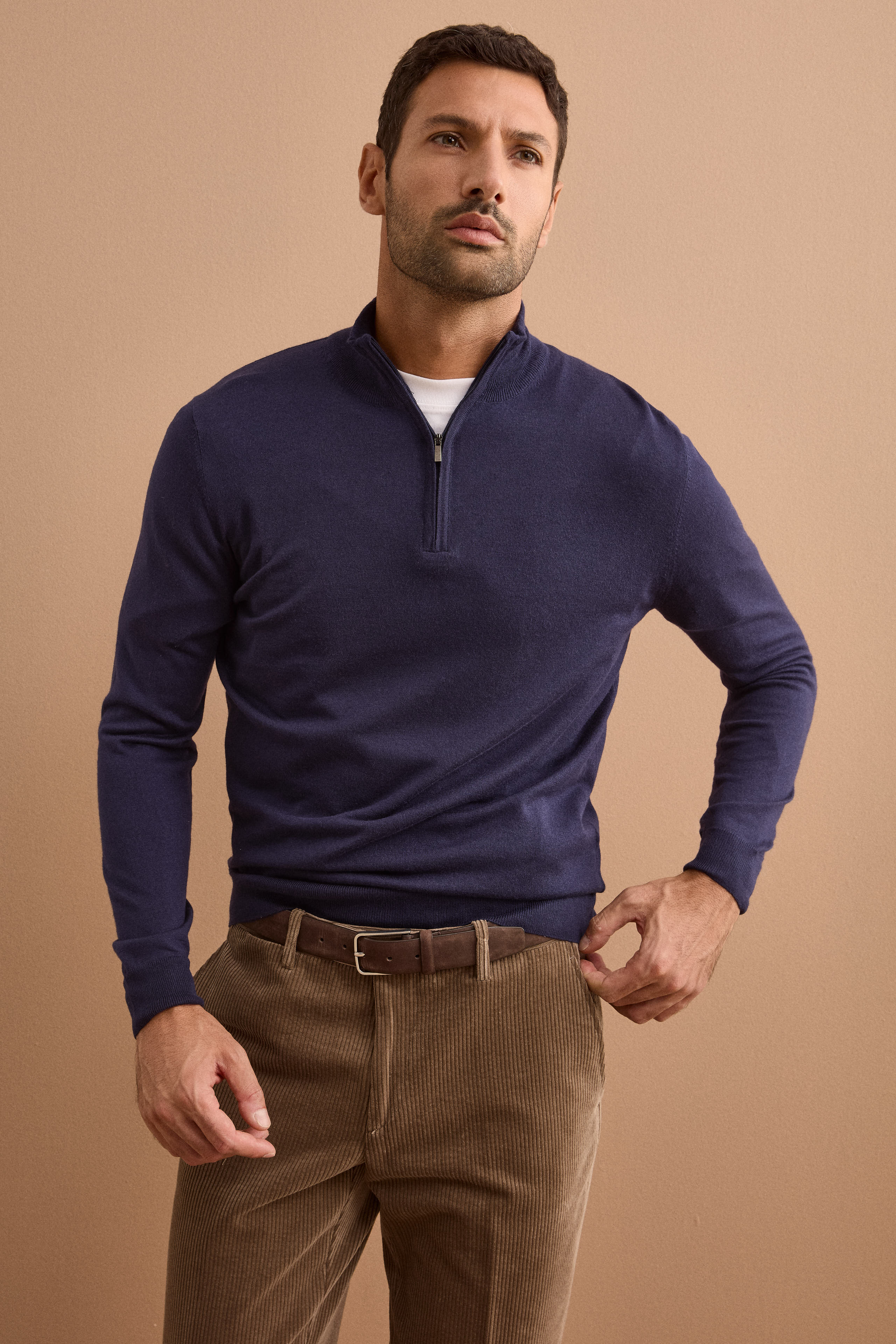 Herren-Stehkragenpullover mit halbem Reißverschluss aus Seide und Kaschmir - Mitternachtsblau