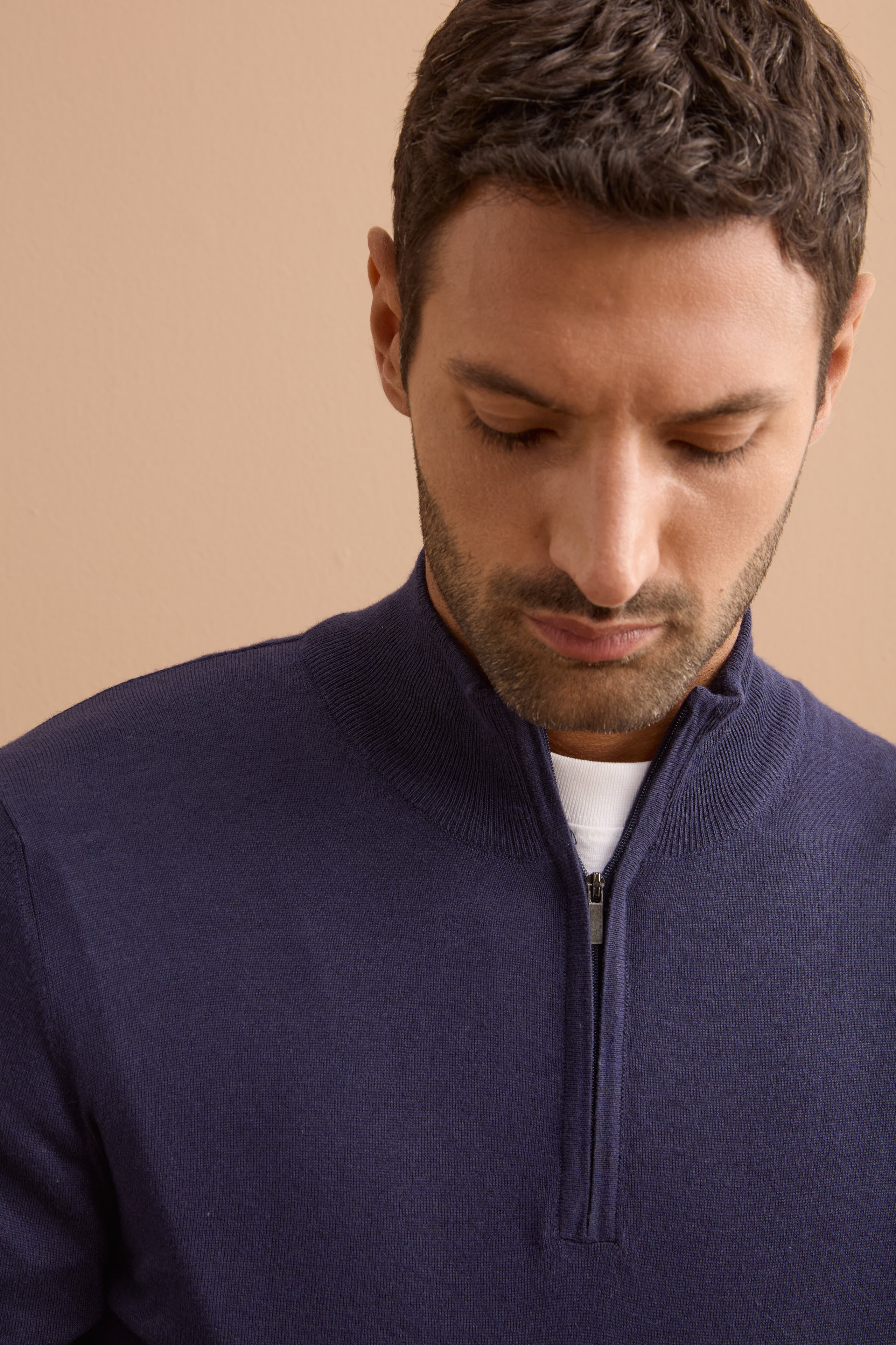 Herren-Stehkragenpullover mit halbem Reißverschluss aus Seide und Kaschmir - Mitternachtsblau
