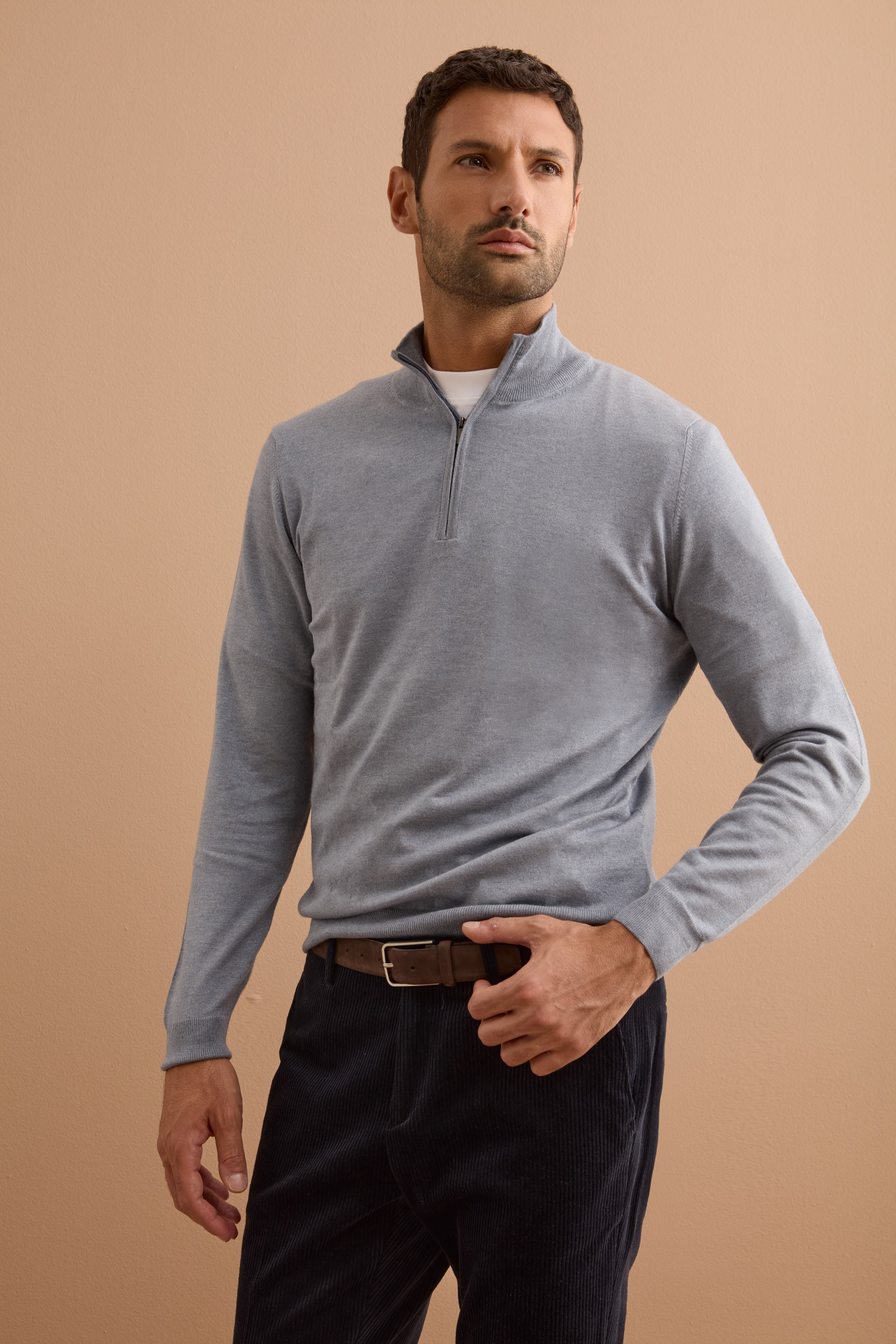 Herren-Stehkragenpullover mit halbem Reißverschluss aus Seide und Kaschmir - GRAU