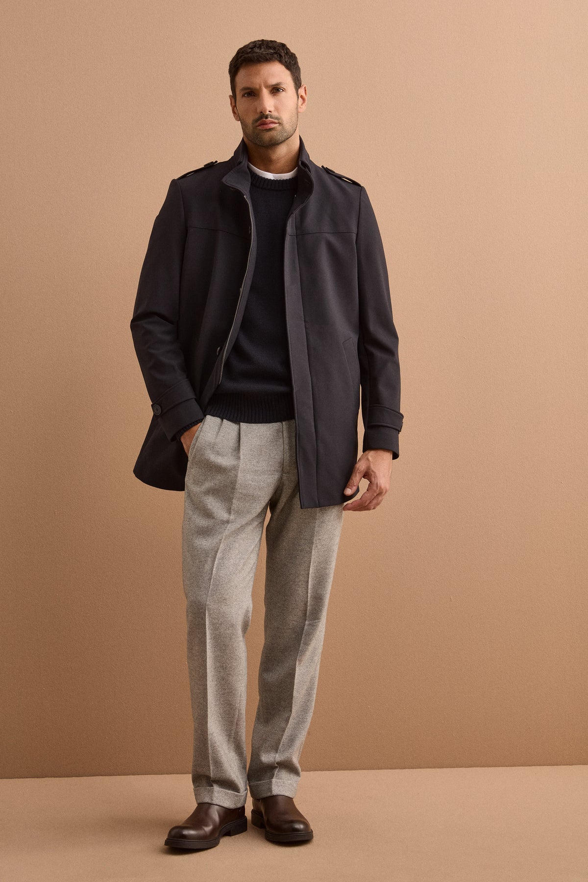 Impermeabile Stretch Monopetto con Zip - BLU