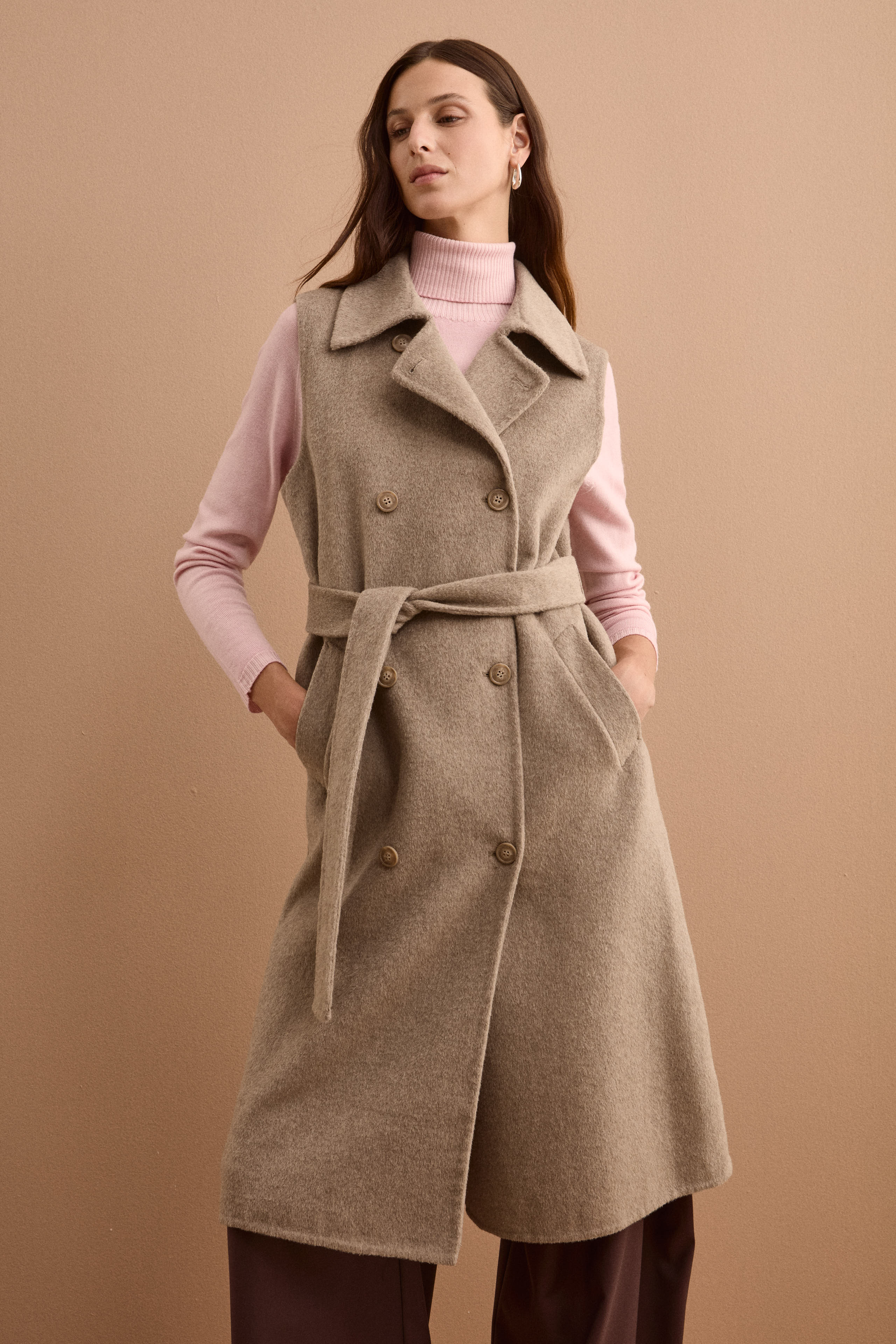 Gilet Lungo Doppiopetto in Misto Lana Double - TORTORA