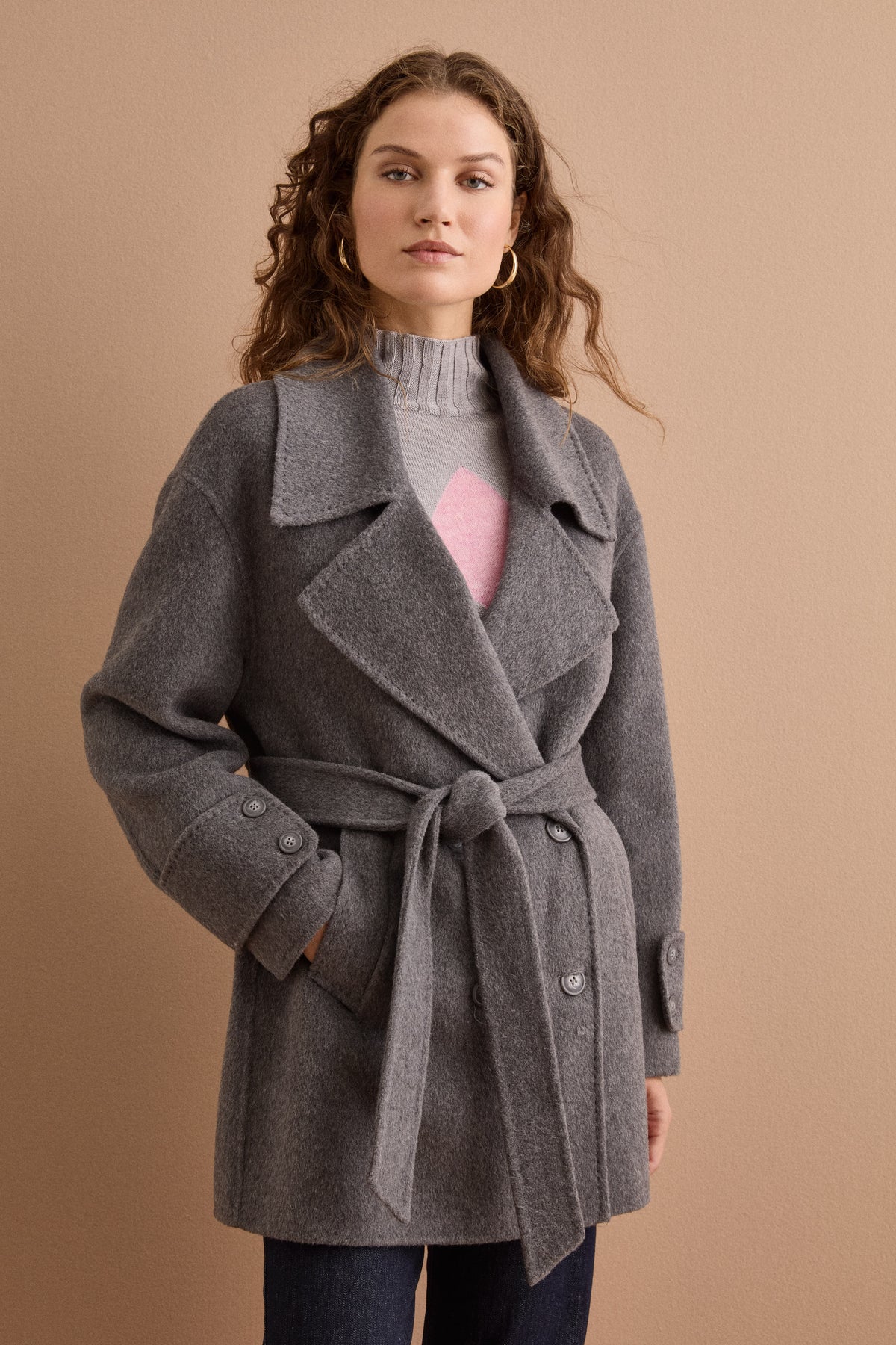 Cappotto Midi Doppiopetto con Cintura in Misto Lana - GRIGIO