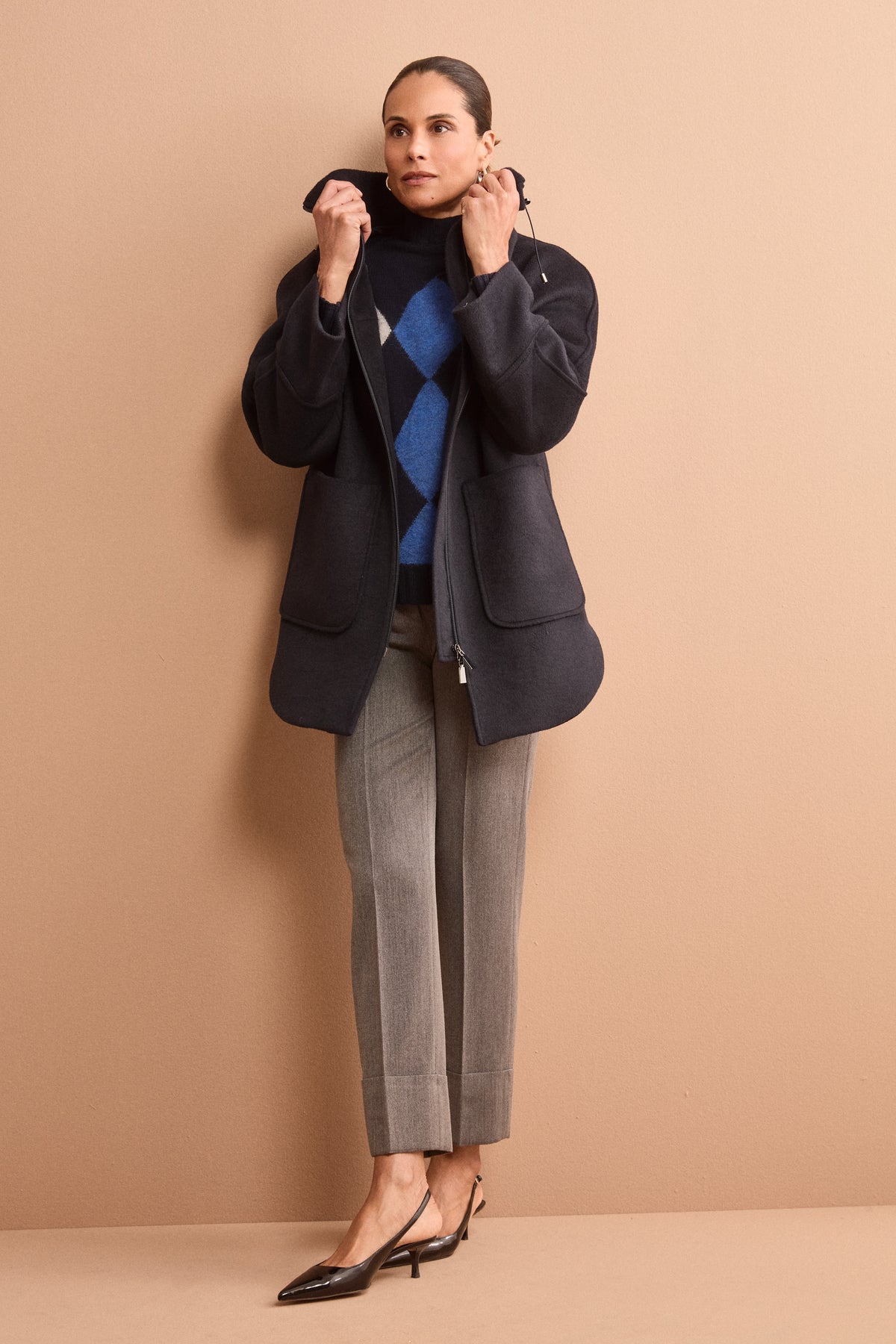 Midi Wool-Blend Coat with Zip and Belt - BLUE