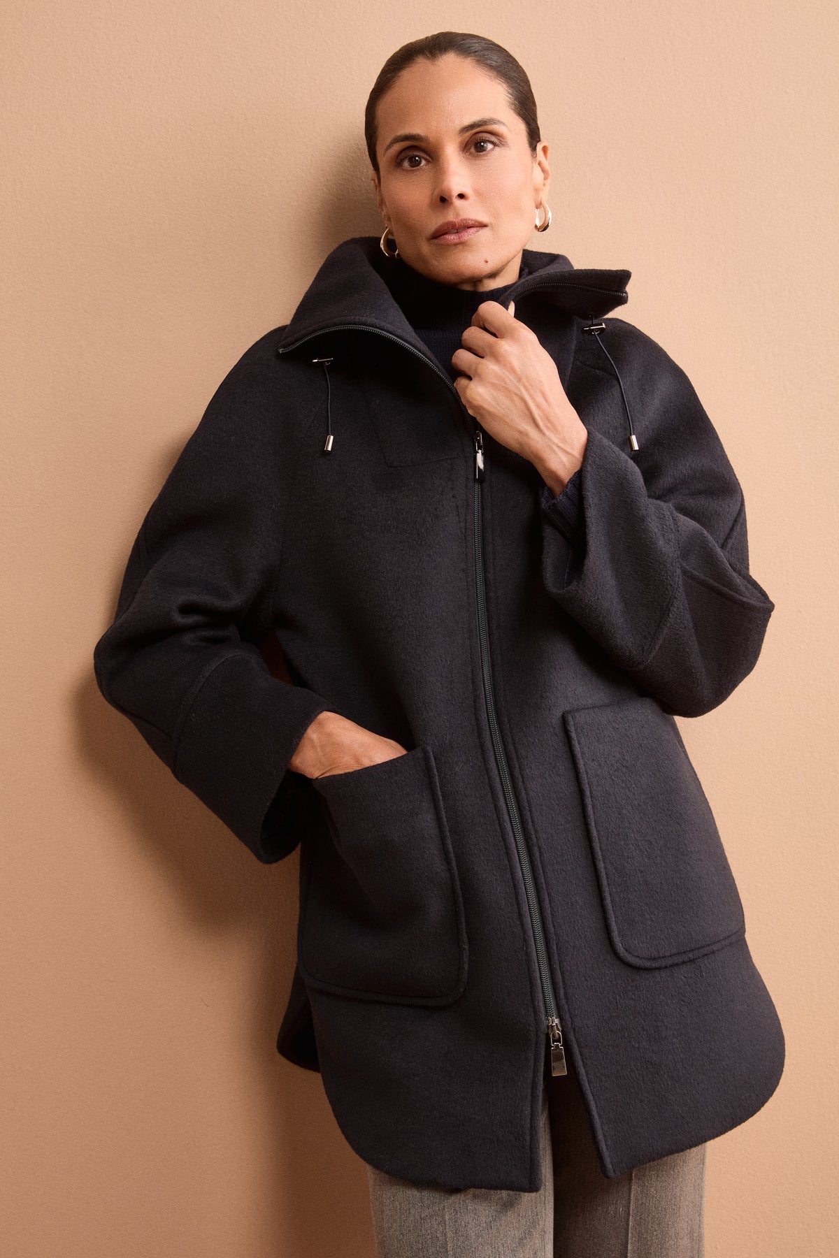 Midi Wool-Blend Coat with Zip and Belt - BLUE