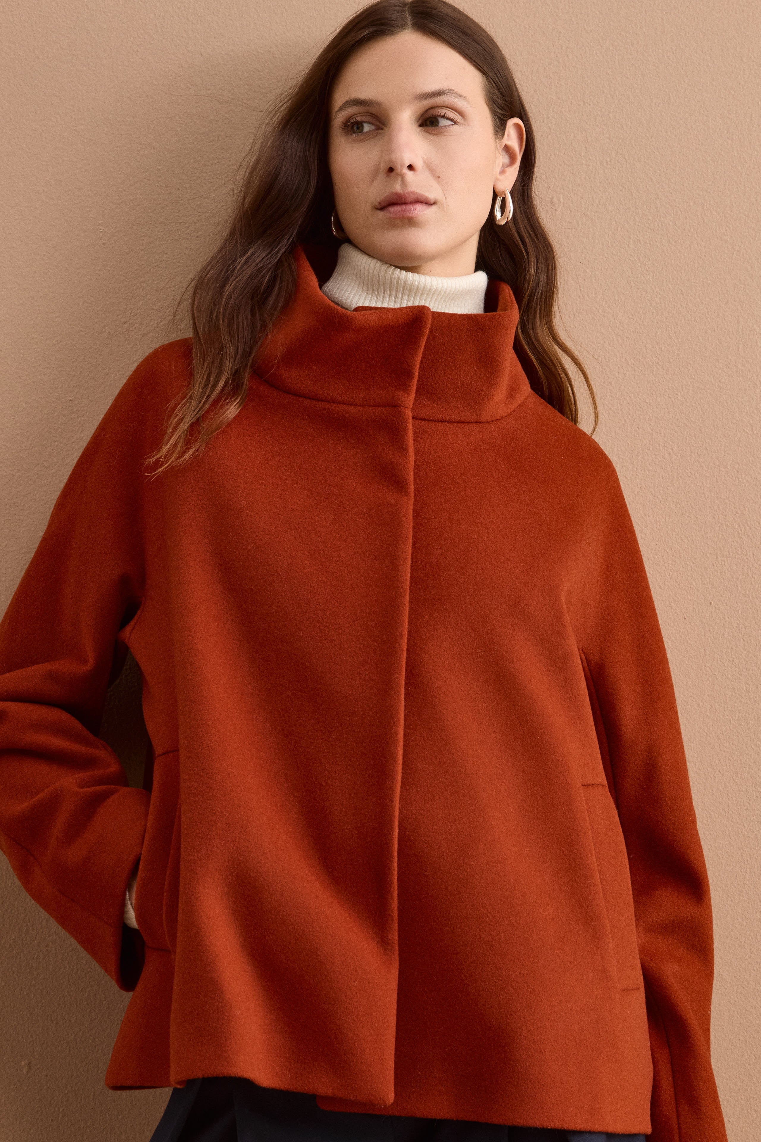 Short Lined Wool and Cashmere Coat - Brick red