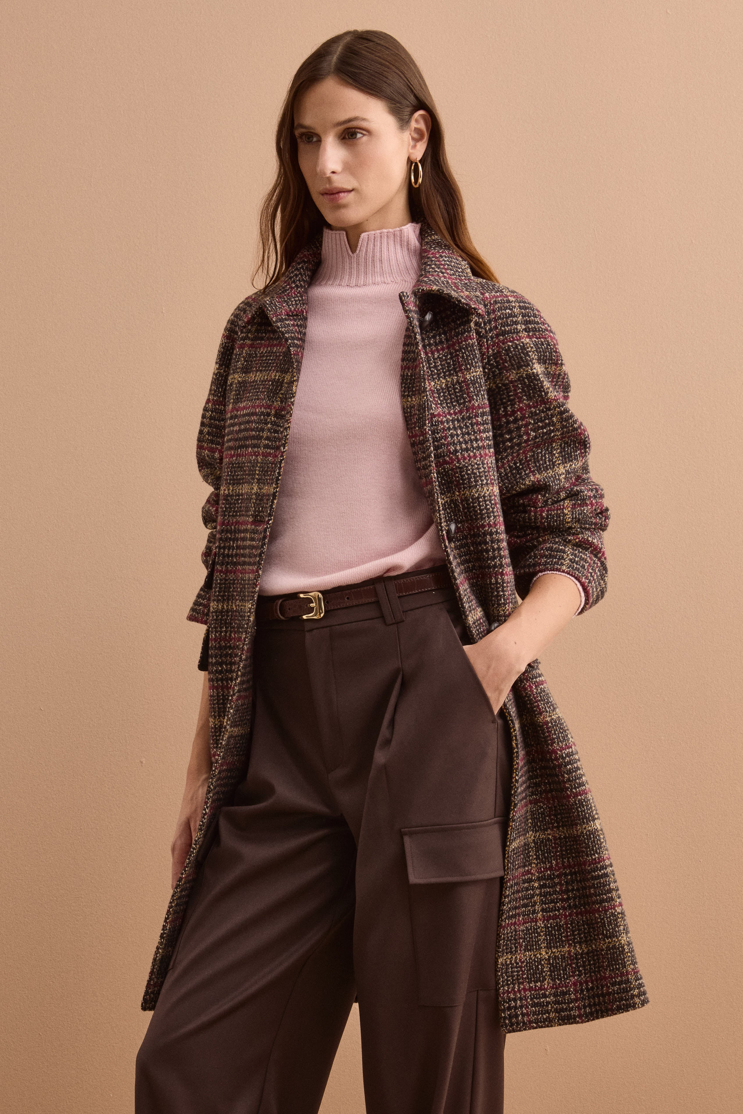 Single-Breasted Cotton-Blend Checked Coat - Brown check