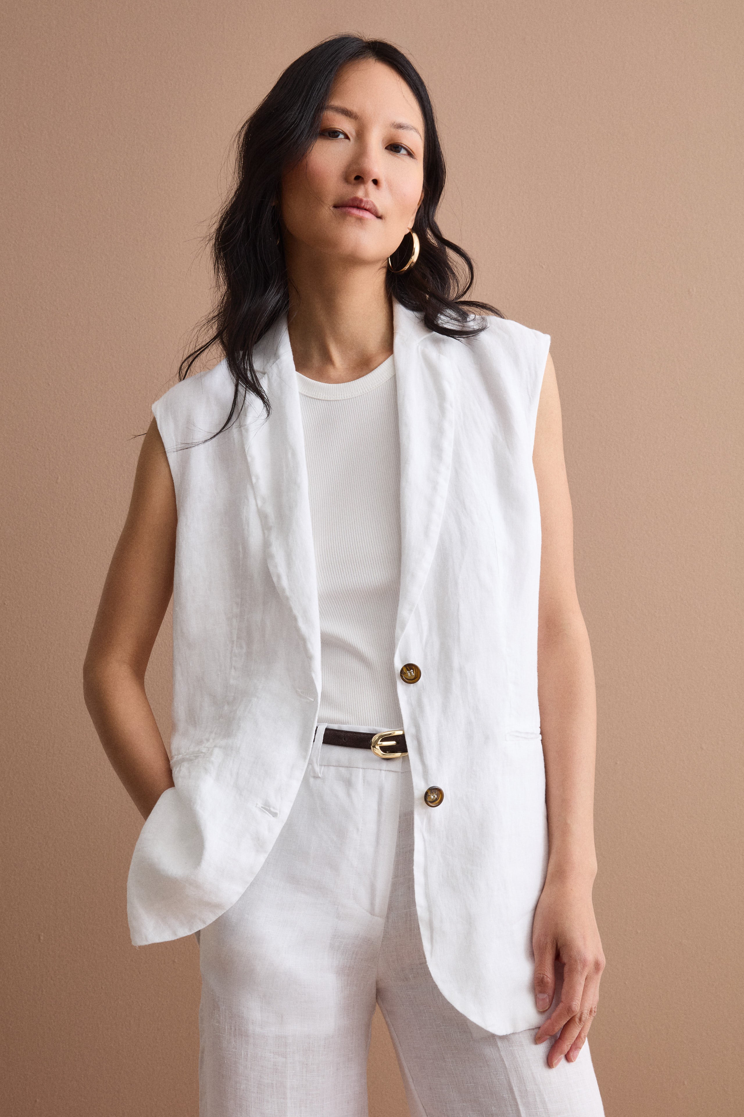Unlined Linen Vest with Classic Lapels - WHITE