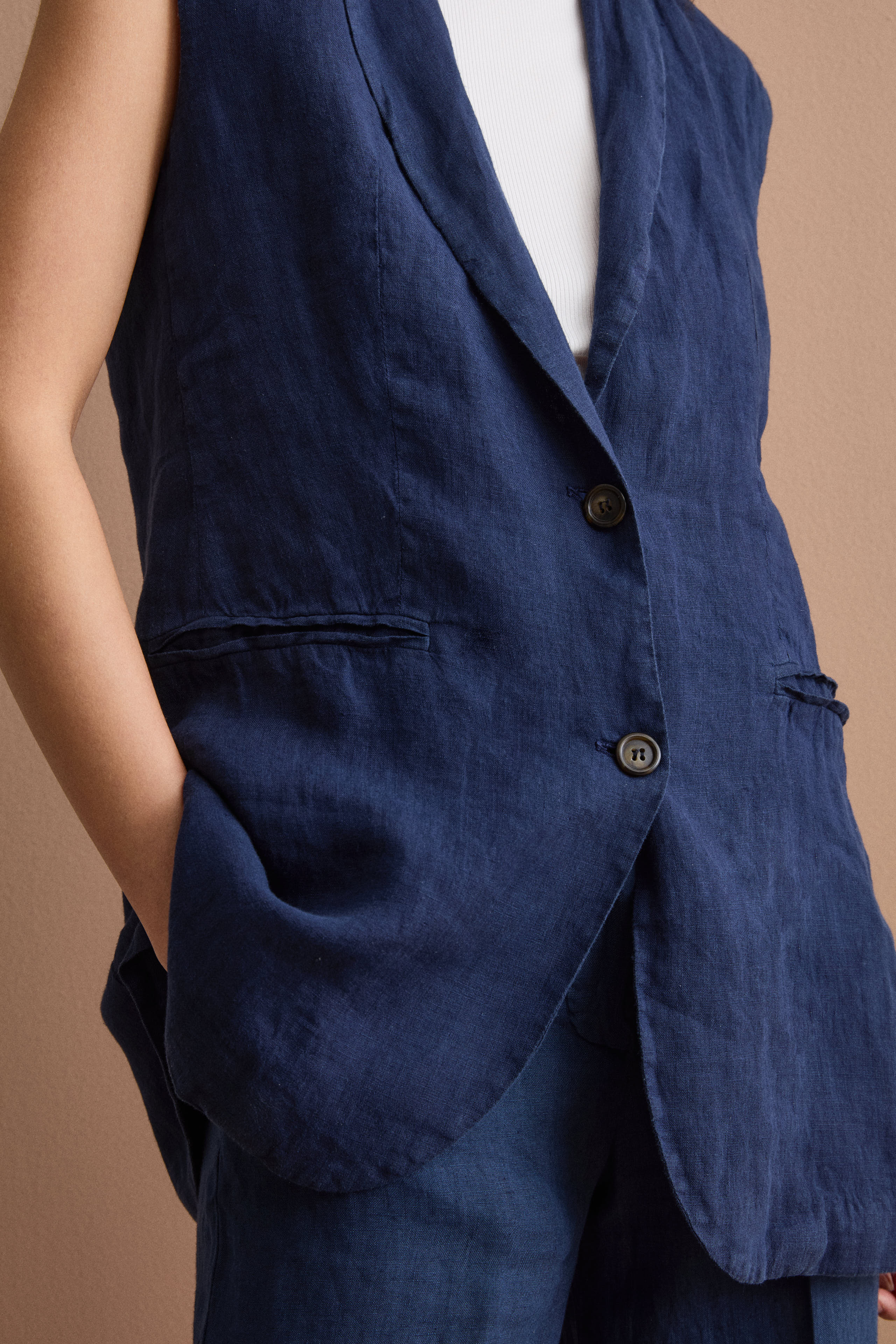 Ungefütterte Leinenweste mit klassischem Revers - Marineblau