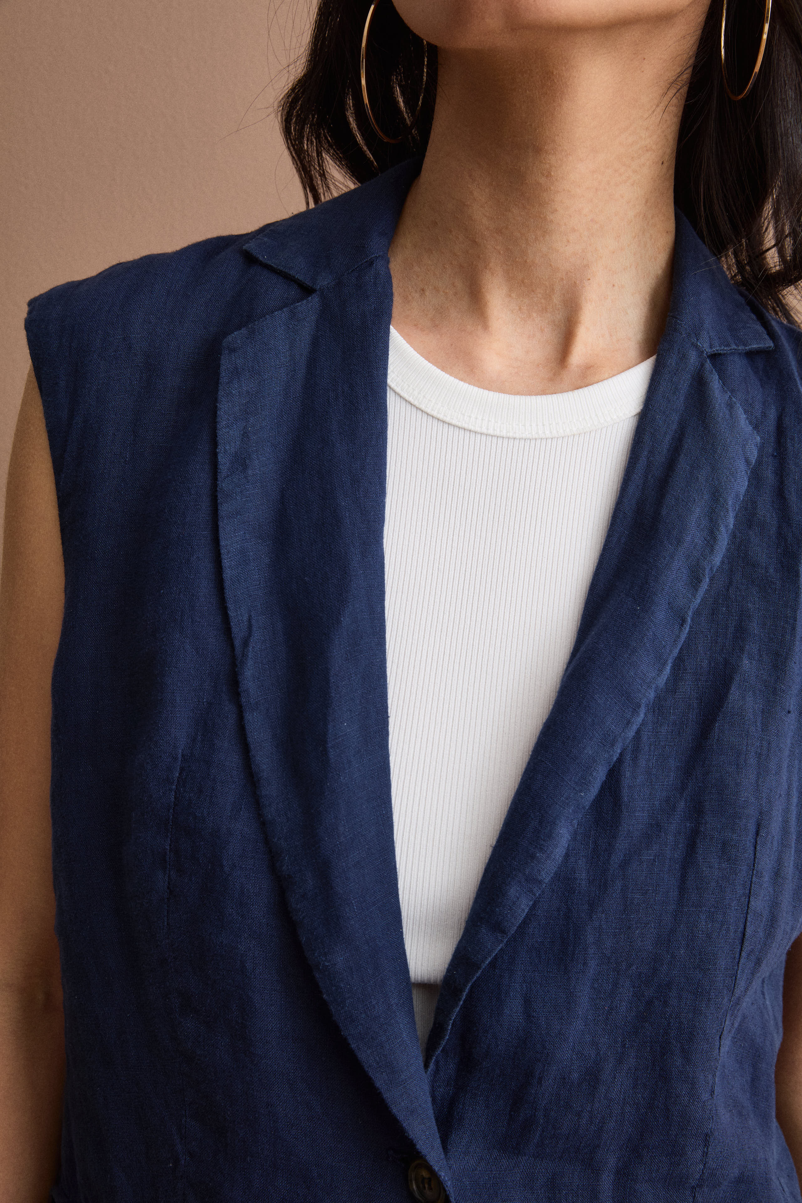 Ungefütterte Leinenweste mit klassischem Revers - Marineblau