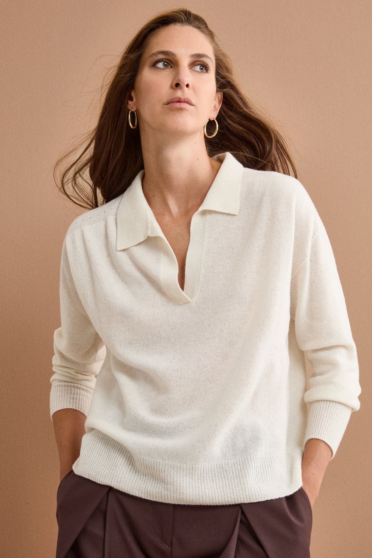 Long-Sleeve Boxy Polo in Wool and Cashmere - OPTICAL WHITE