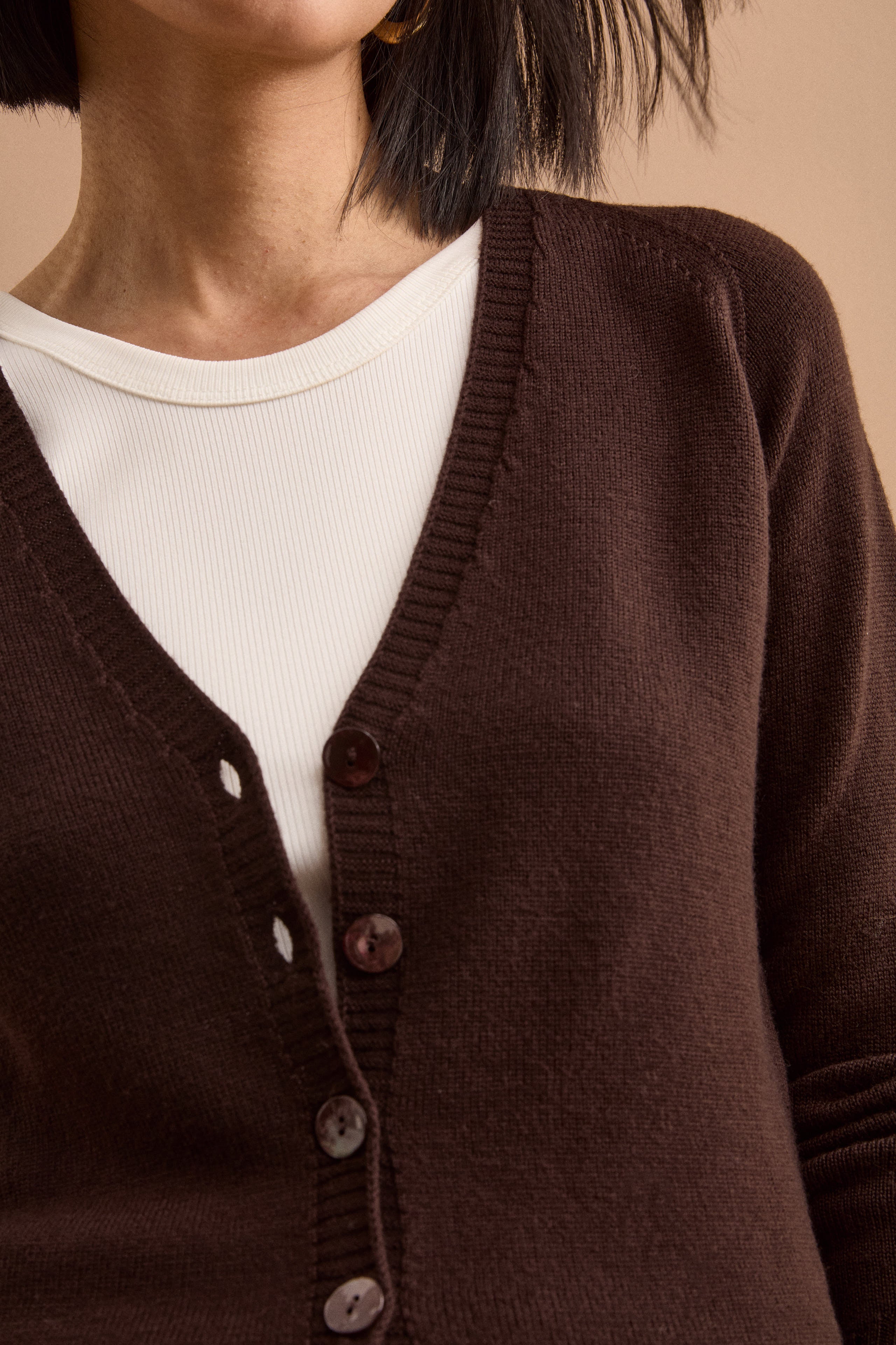 Merino Wool V-Neck Cardigan with Buttons - Dark brown