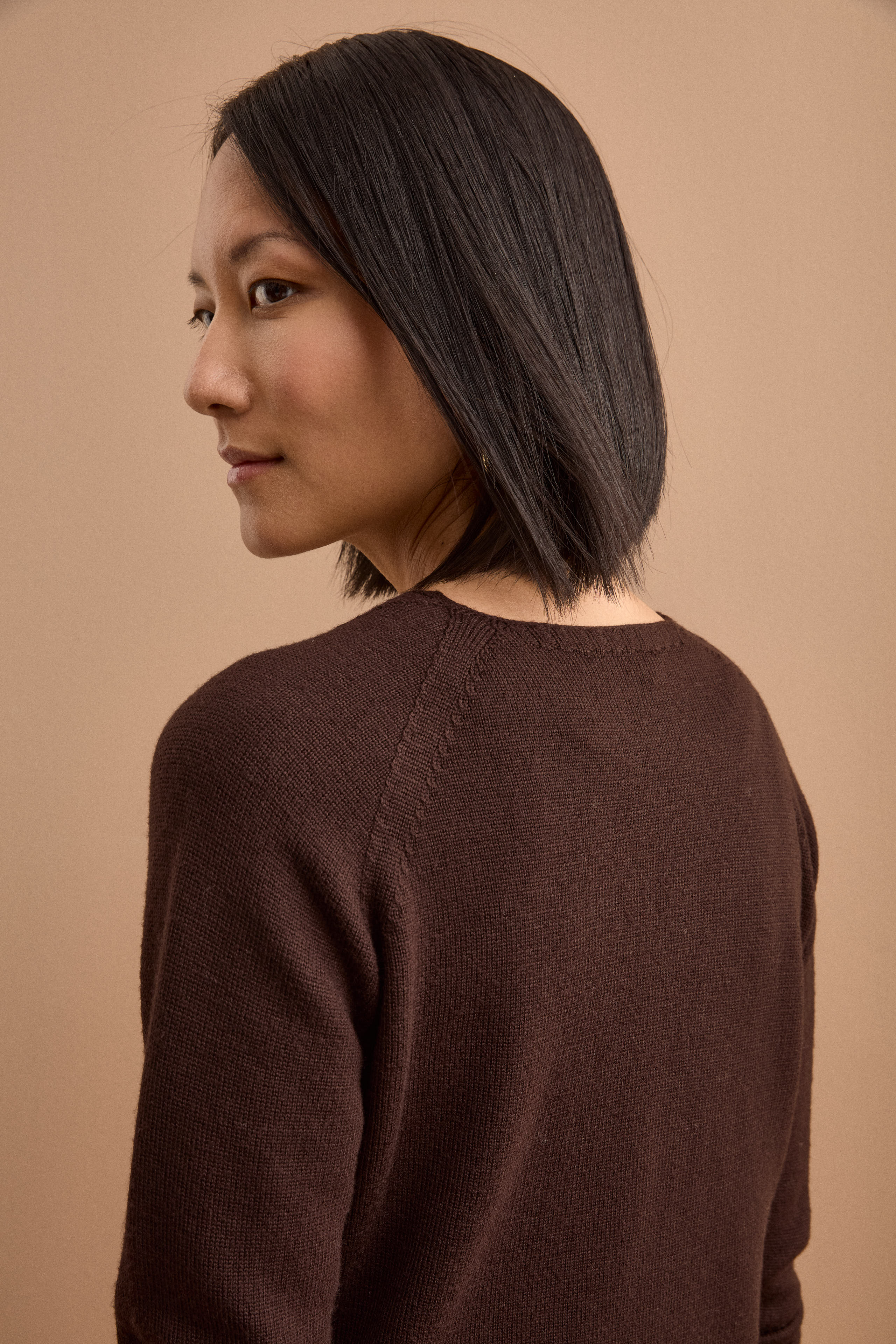 Merino Wool V-Neck Cardigan with Buttons - Dark brown