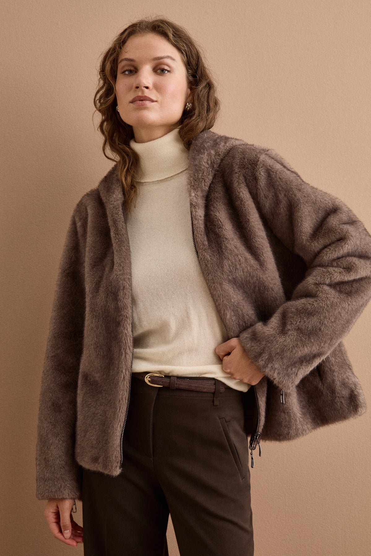Pelliccia Reversibile con Zip e Cappuccio - GRIGIO