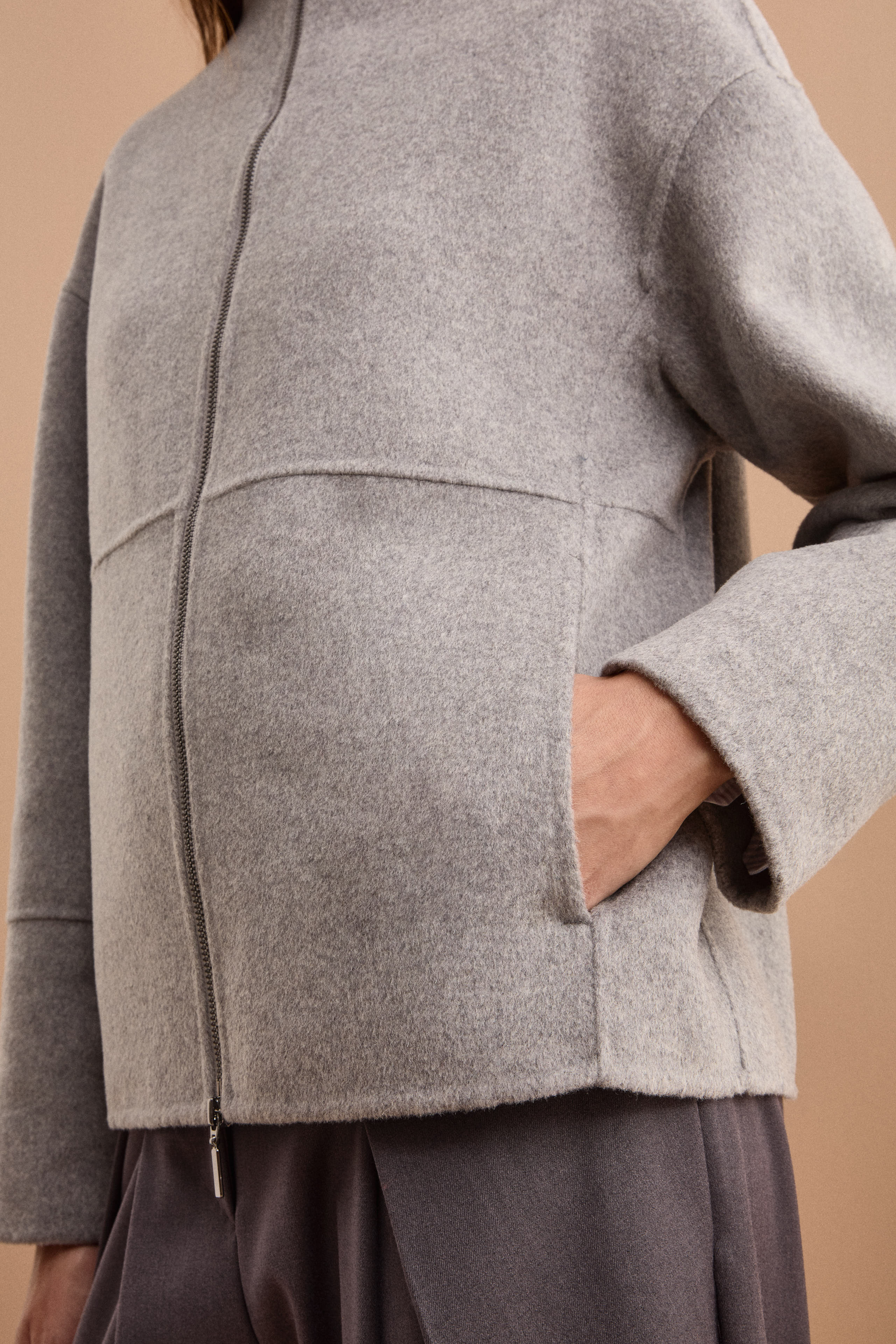 Bomber Boxy con Zip Sfoderato in Misto Lana - GRIGIO