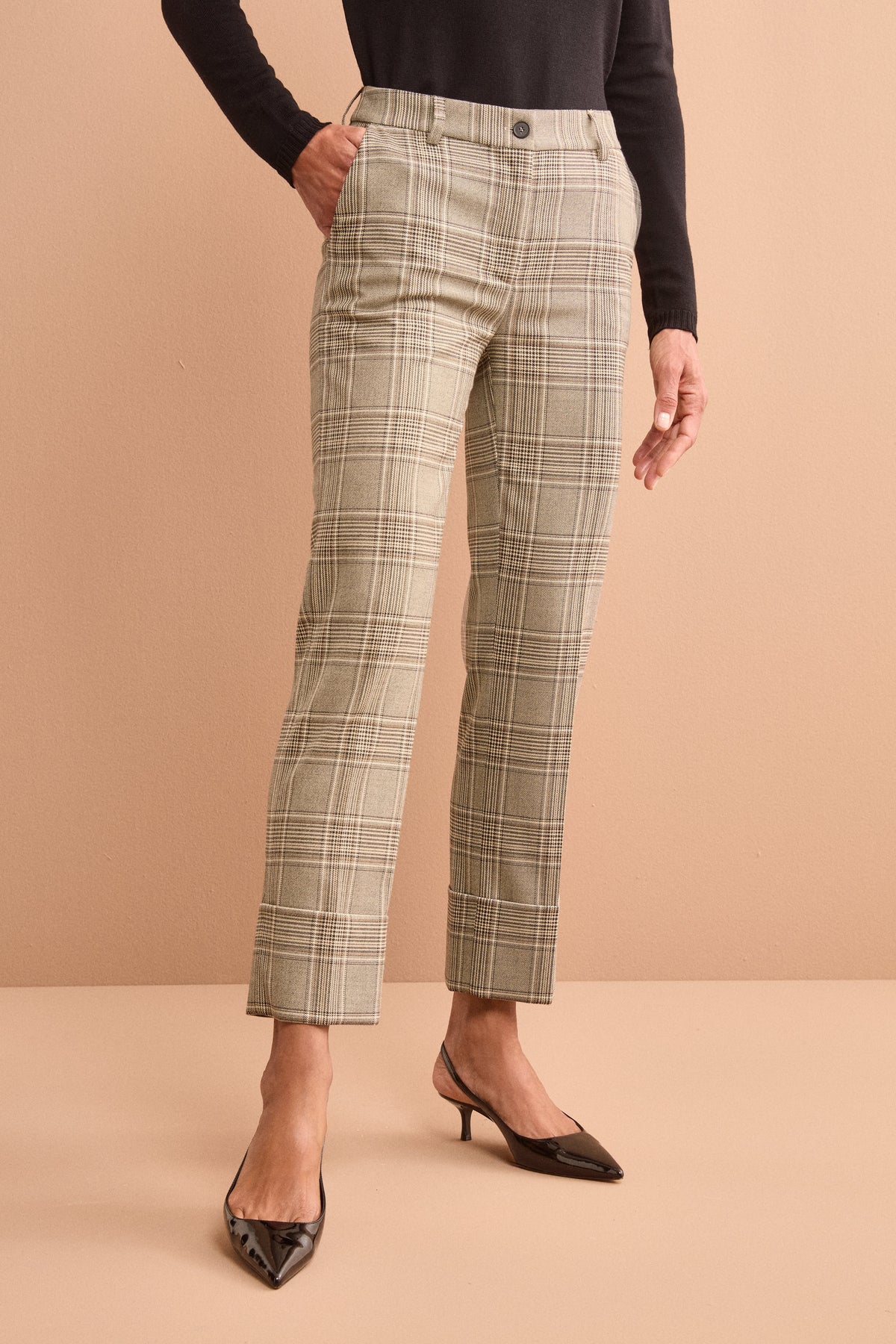 Pantalone Check a Sigaretta con Risvolto - BEIGE QUADRI