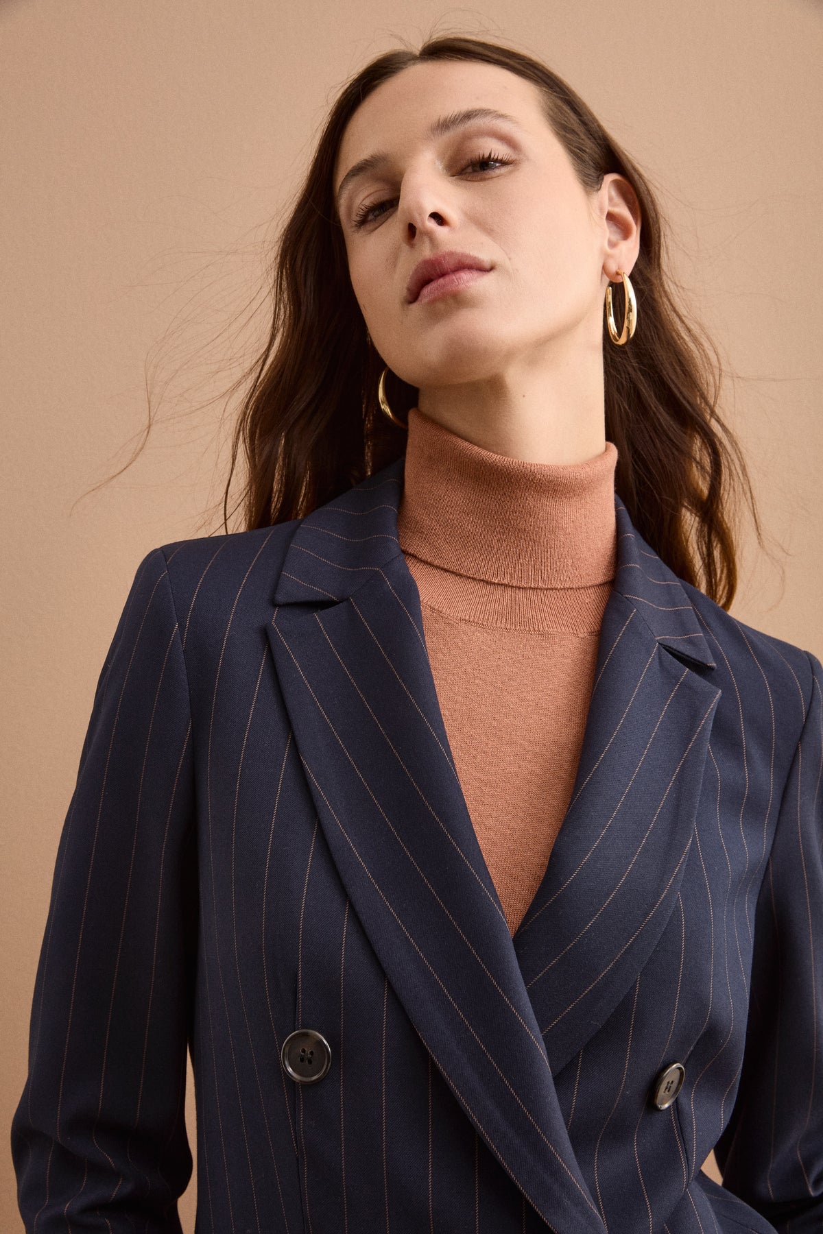 Zweireihiger Longblazer aus Milano-Rippe - Blauer Pinstrip