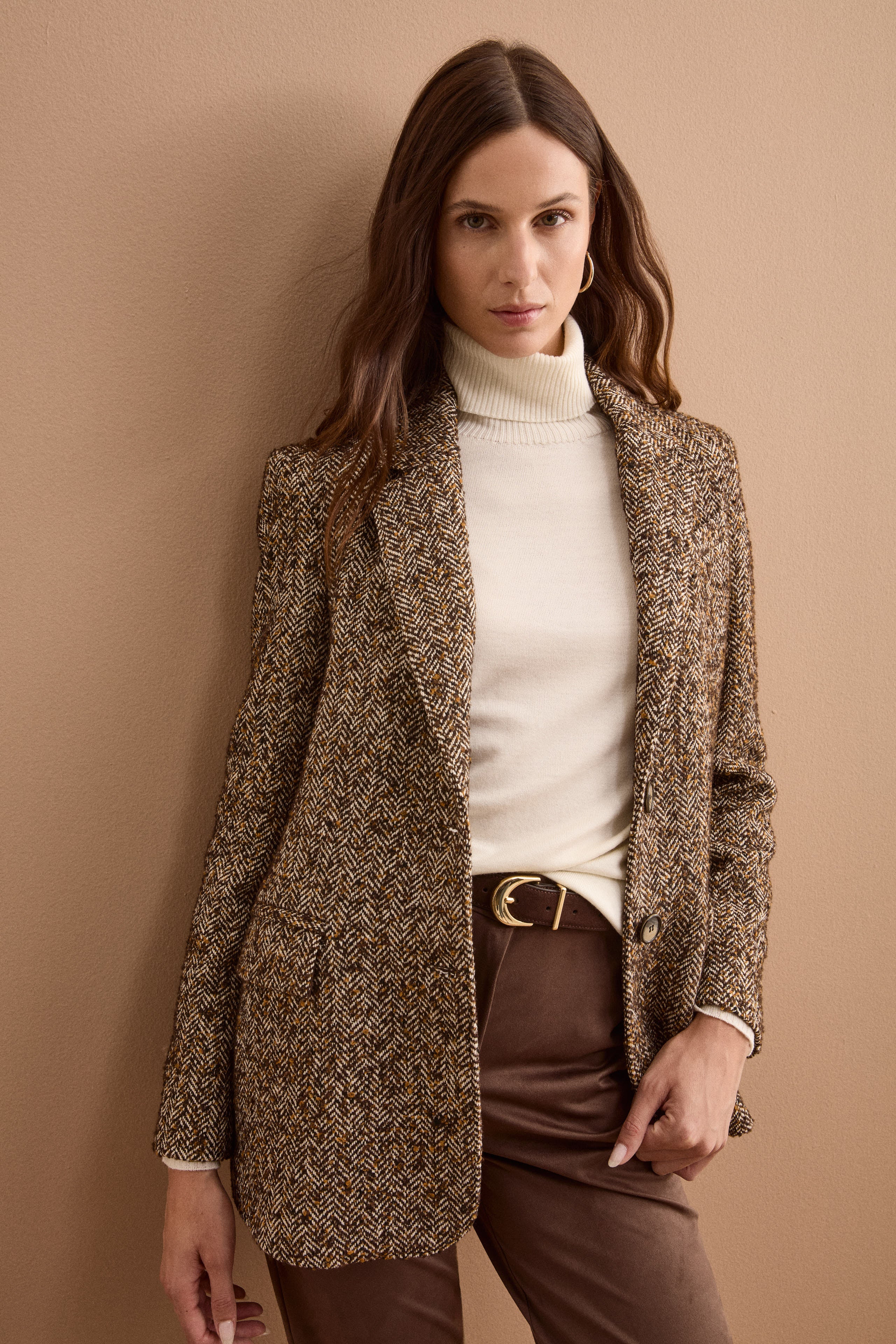 Wool-Blend Tweed Blazer with Elbow Patches - Brown herringbone