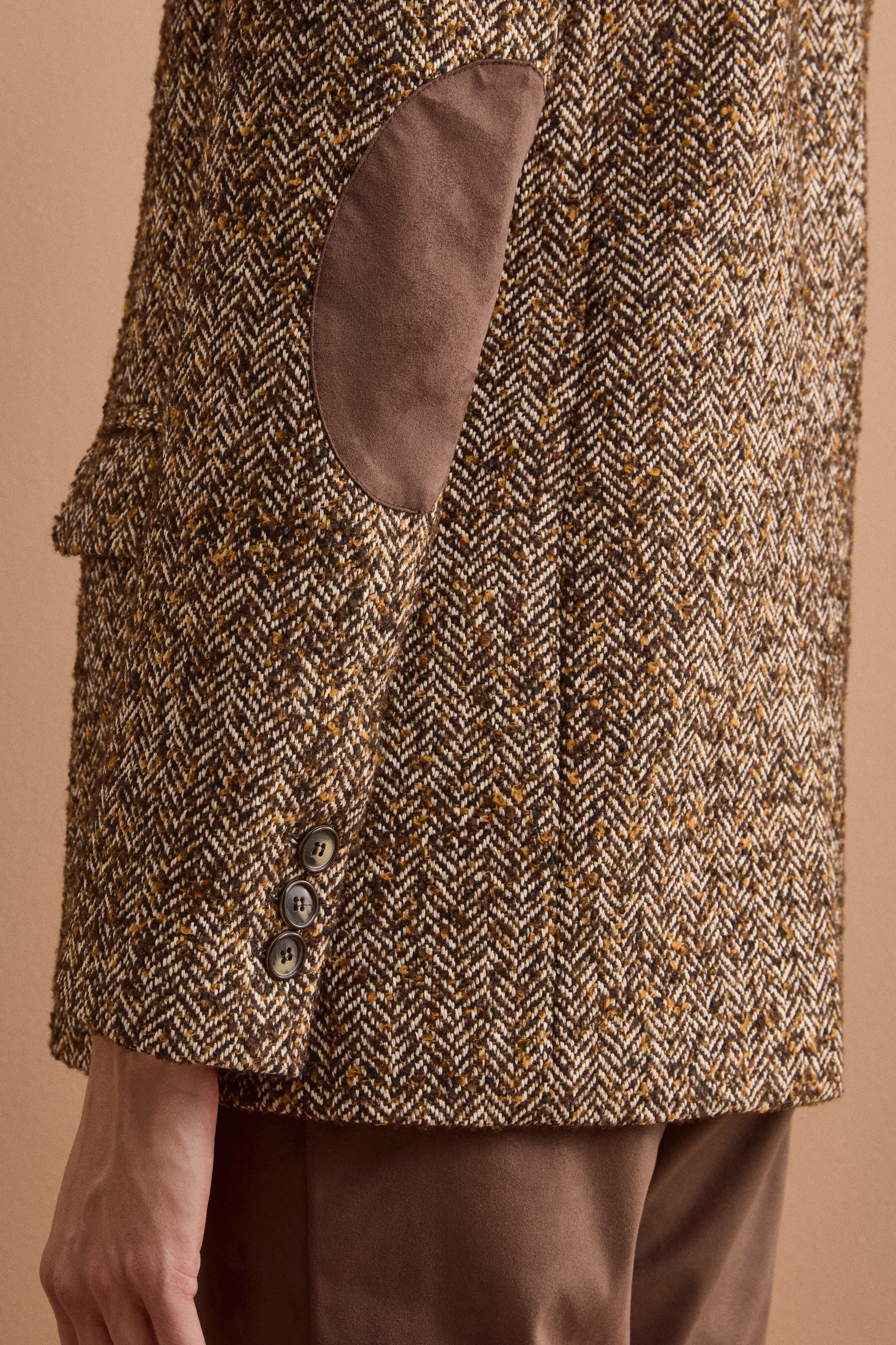 Wool-Blend Tweed Blazer with Elbow Patches - Brown herringbone