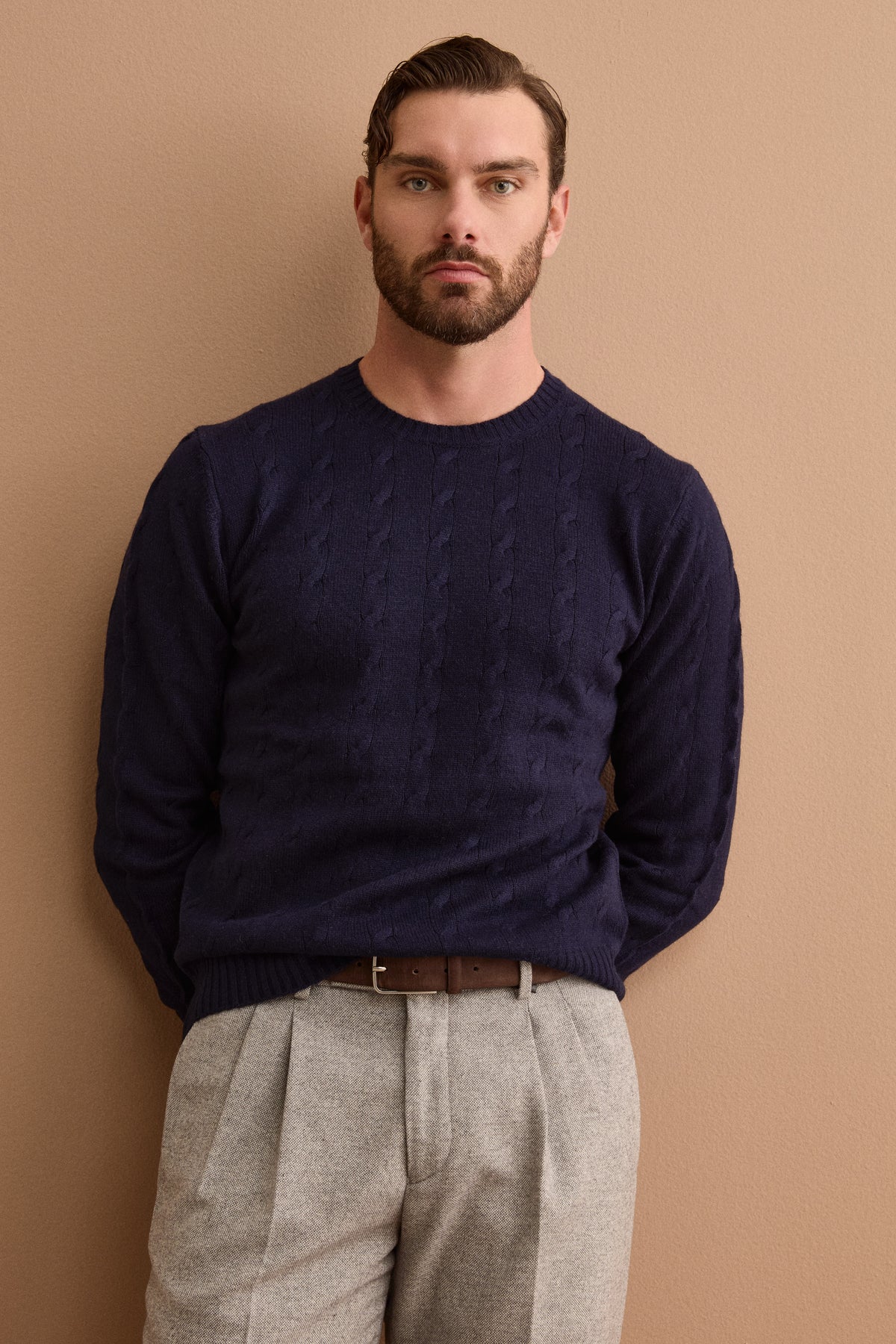 Pull Col Rond à Torsades en Mélange de Laine et Cachemire - BLEU