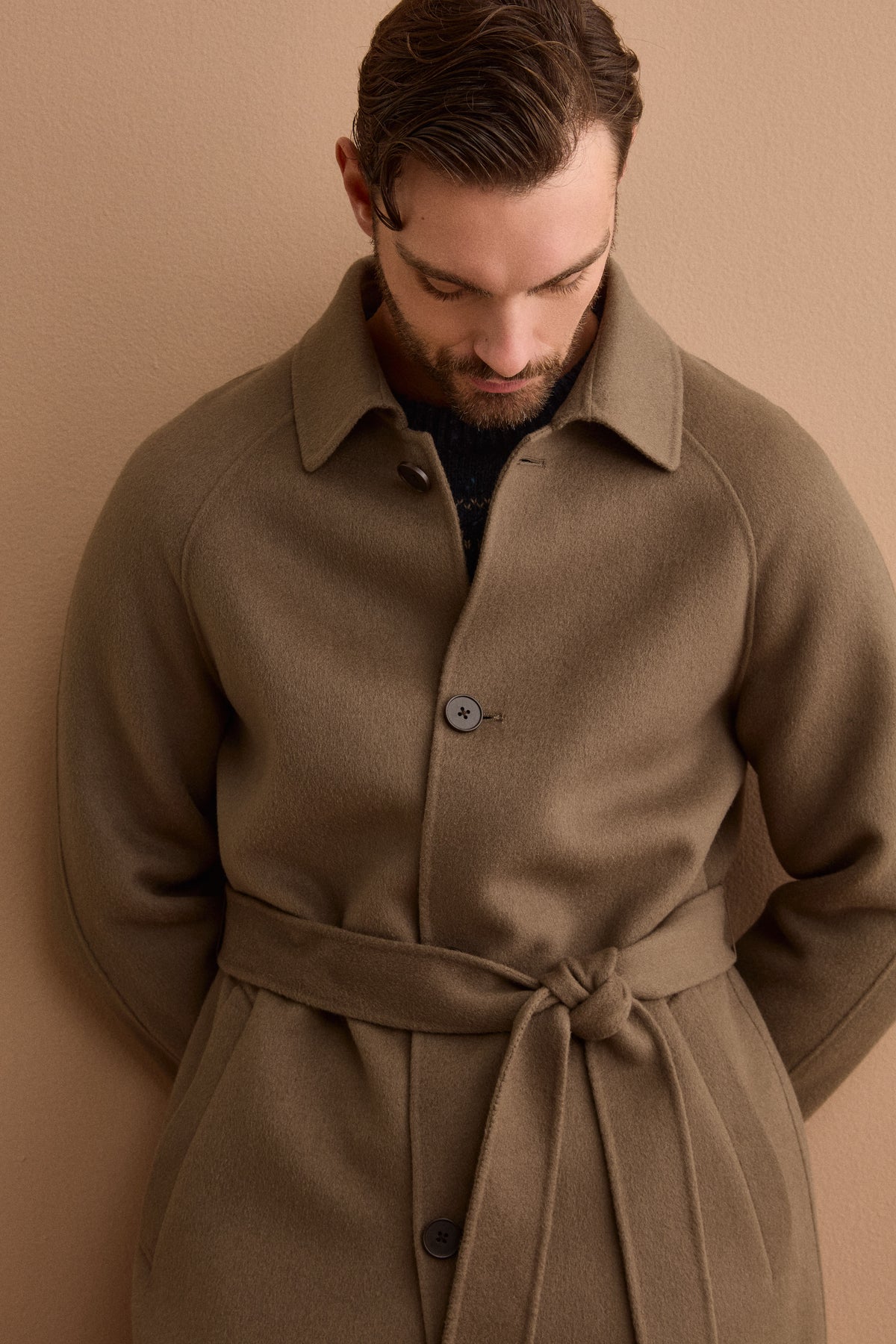 Manteau Croisé Façon Peignoir en Pure Laine avec Manches Raglan - TAUPE
