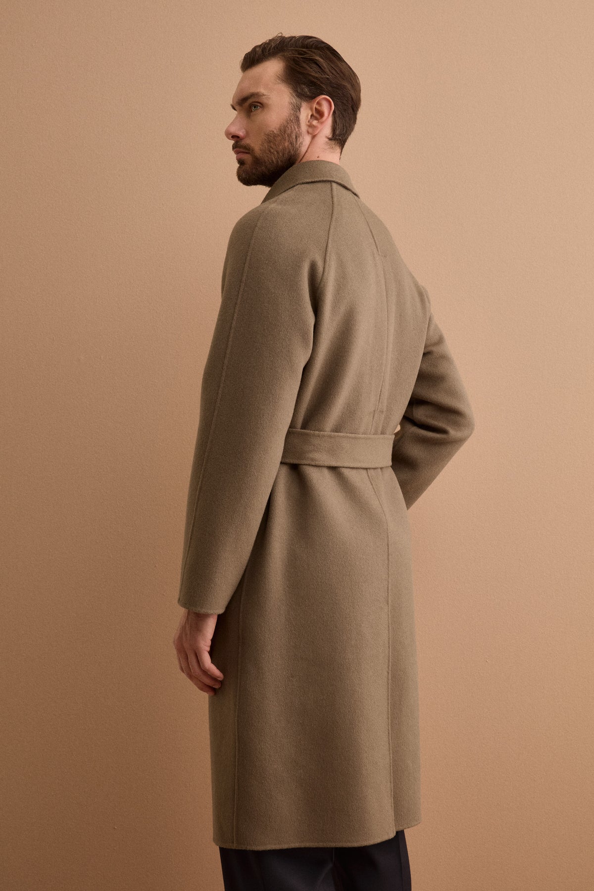 Manteau Croisé Façon Peignoir en Pure Laine avec Manches Raglan - TAUPE