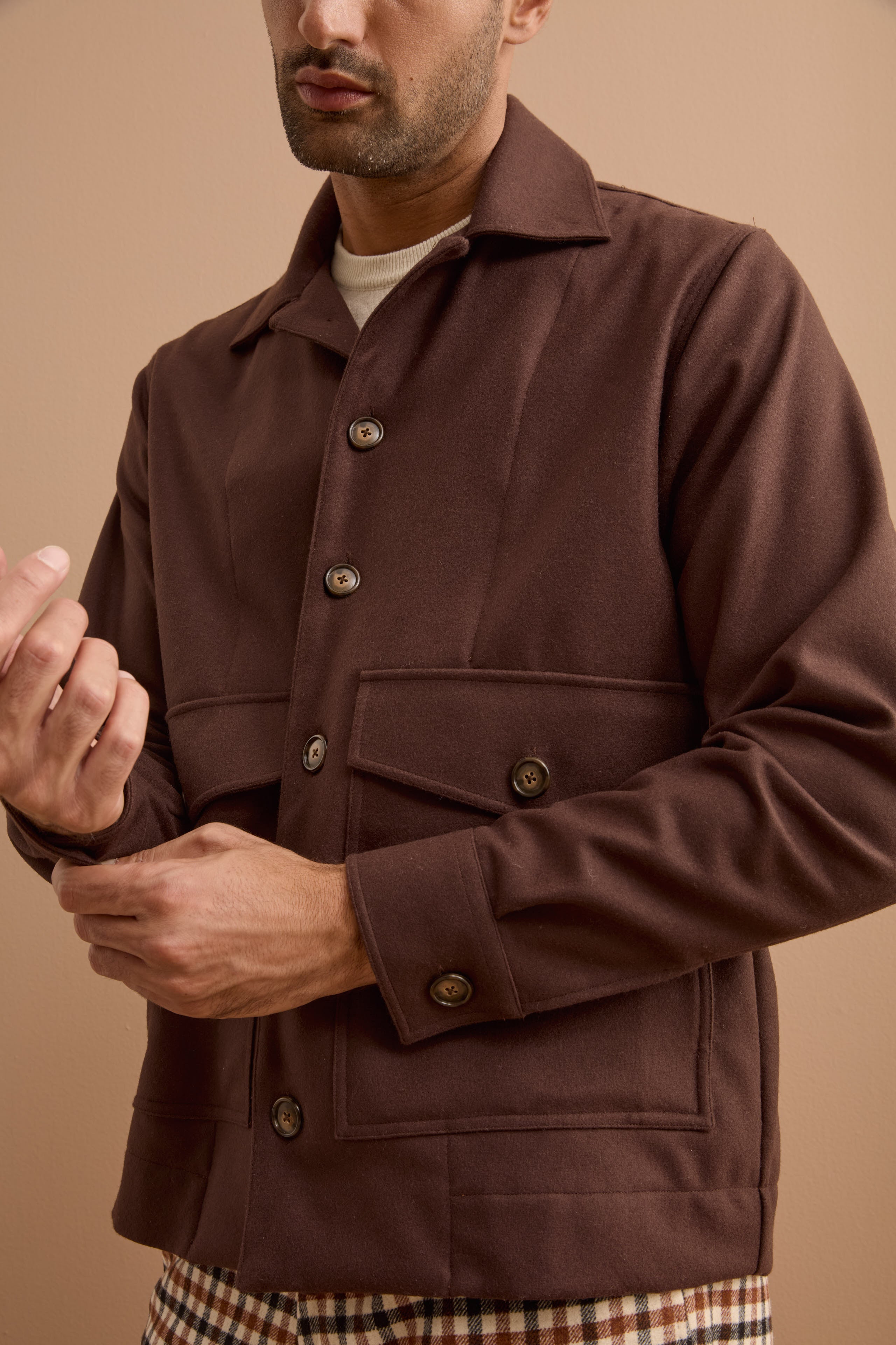 Giubbotto Overshirt in Misto Lana con Tasche - CIOCCOLATO