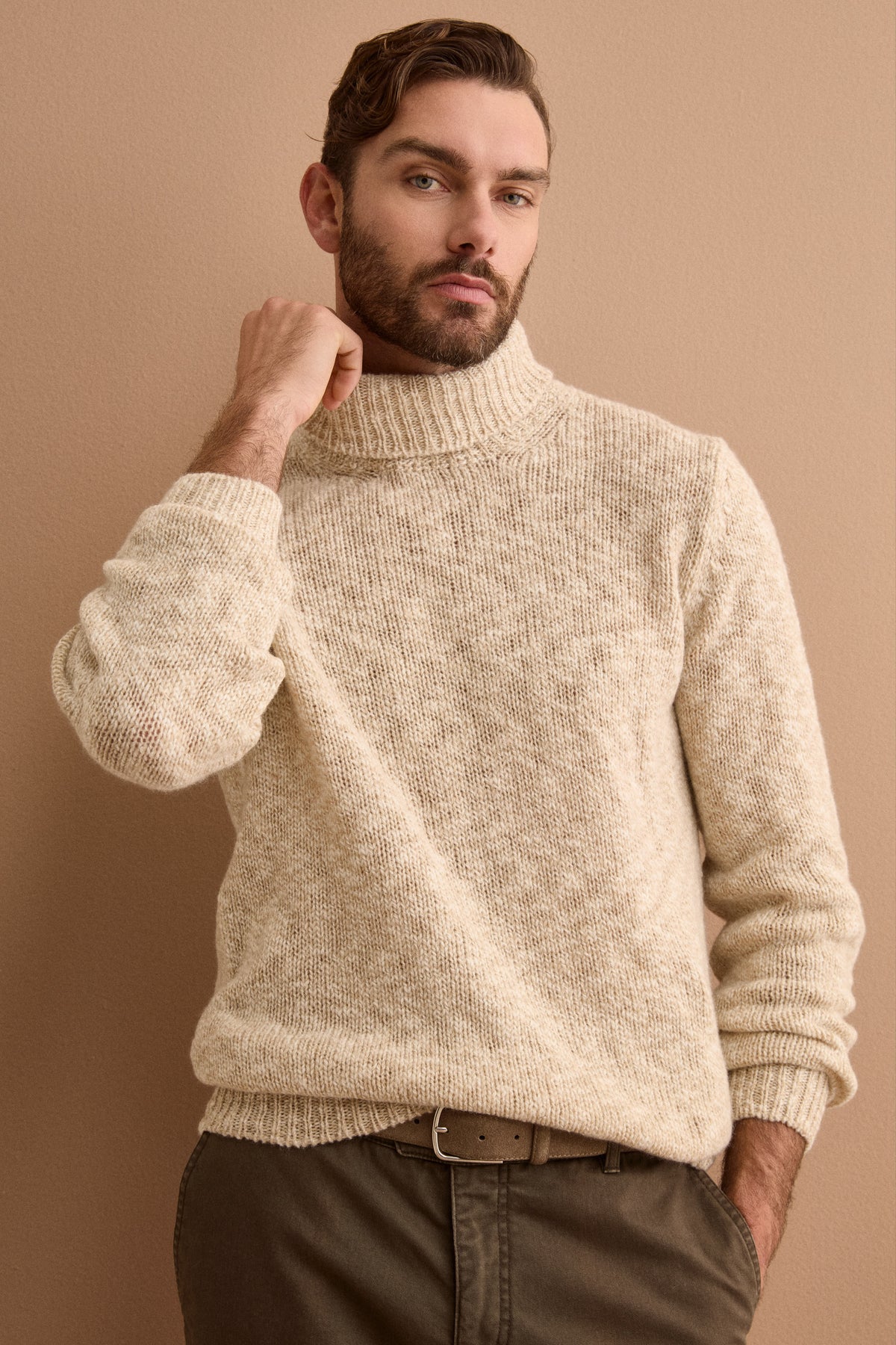 Pull Homme Col Roulé en Laine Mérinos Malfilé - BEIGE