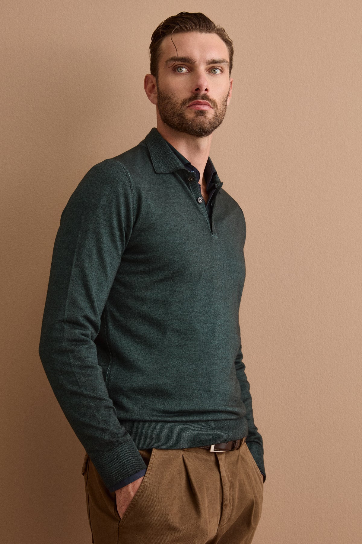 Herren Regular-Fit Langarm-Poloshirt aus Merinowolle - Grün