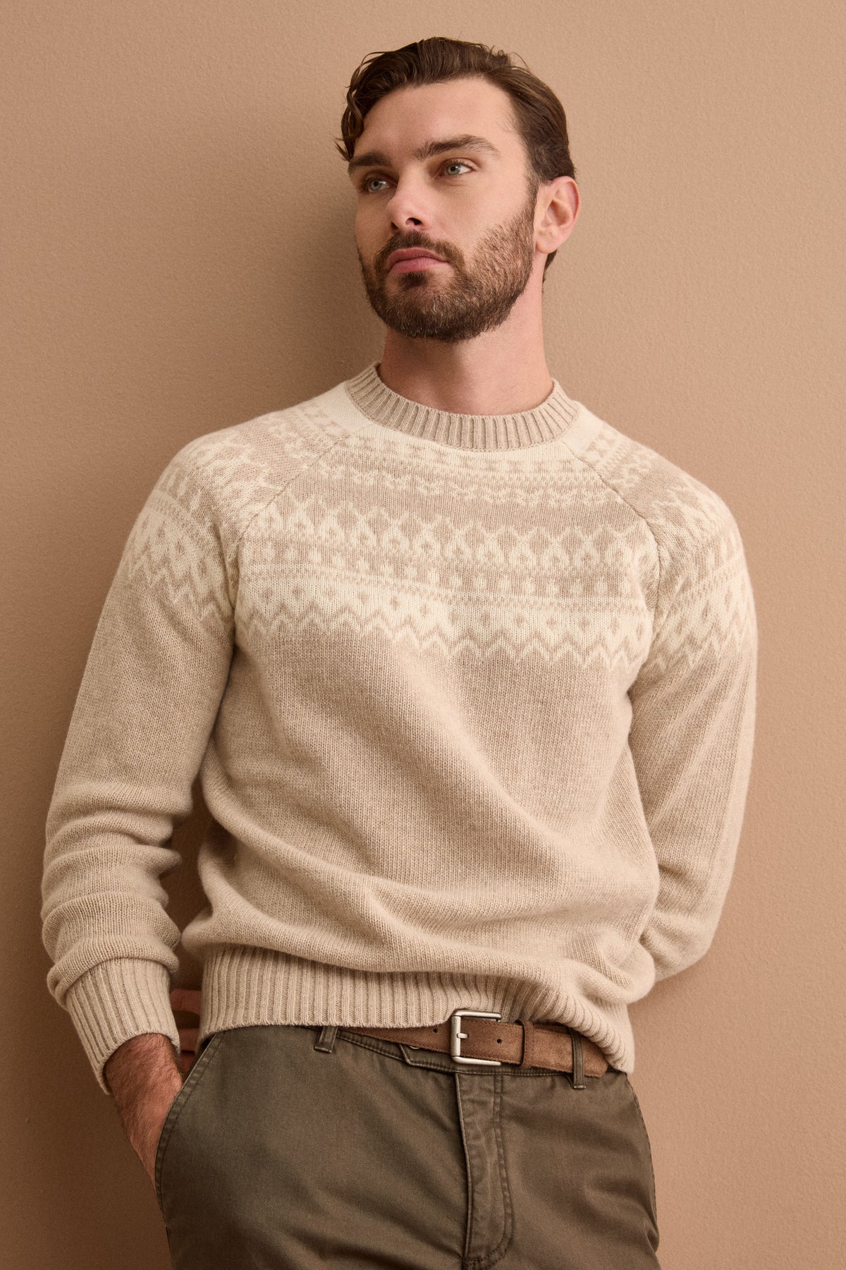 Maglia Norvegese in Misto Lana con Collo e Finiture a Costine - NATURALE/LATTE