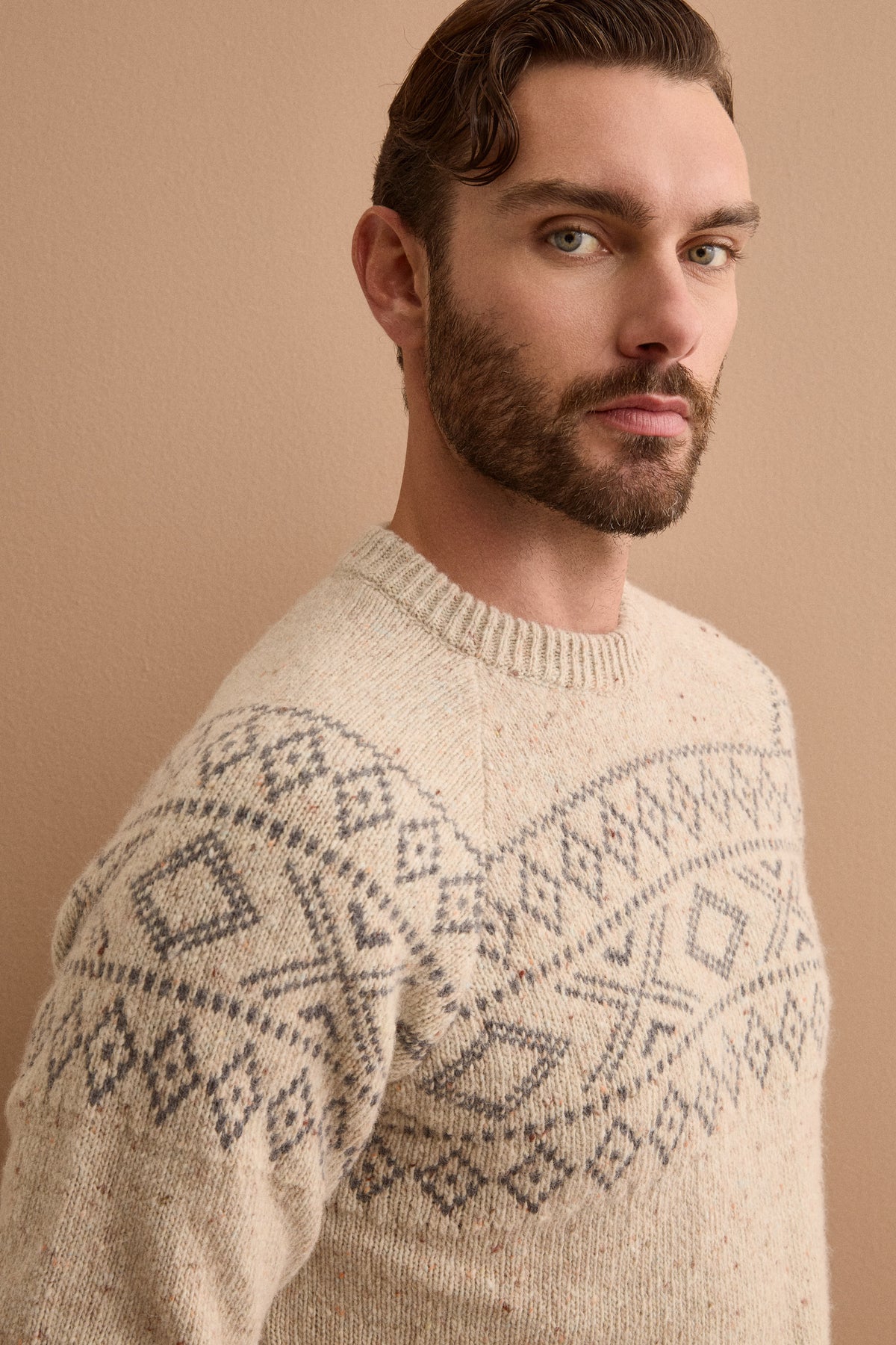 Maglia Girocollo Jacquard in Lana Merino - BEIGE