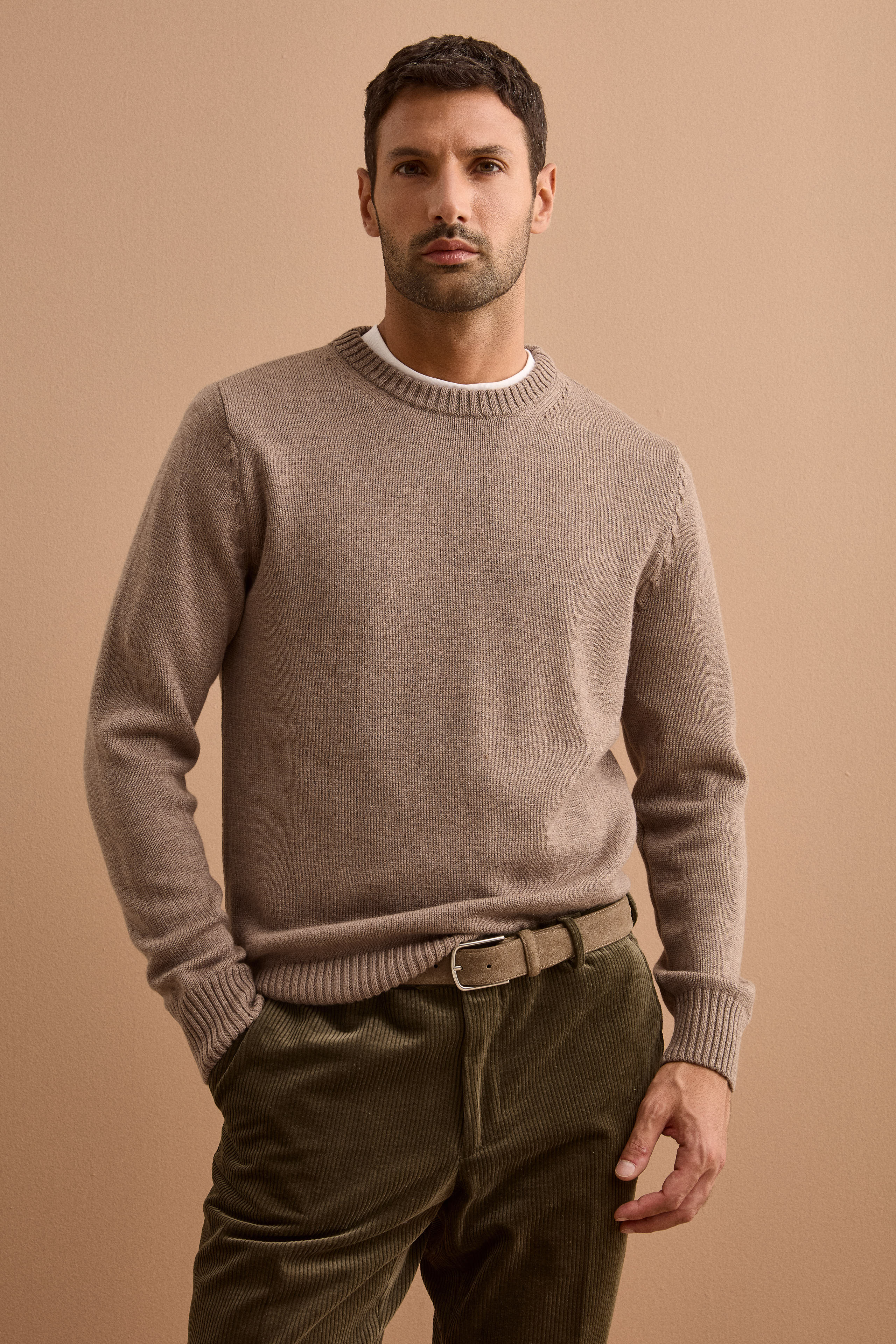 Pure Merino Wool Crew Neck Pullover - Brown