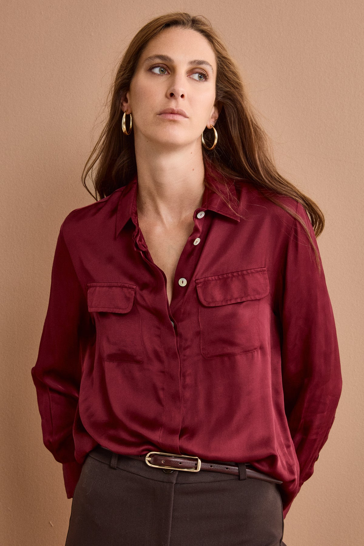 Chemise oversize en satin avec poches - Bourgogne