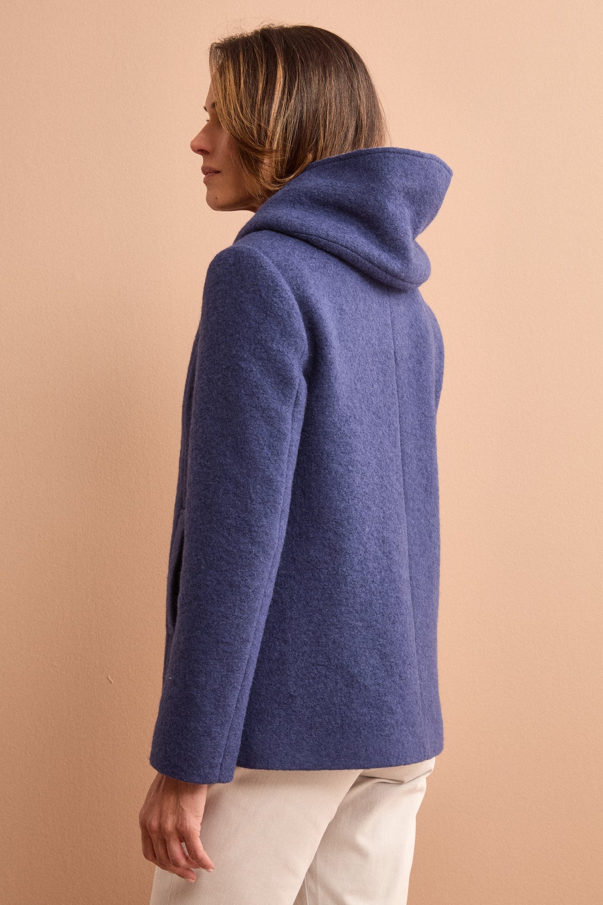 Short Hooded Coat in Boiled Wool Blend - BLUE