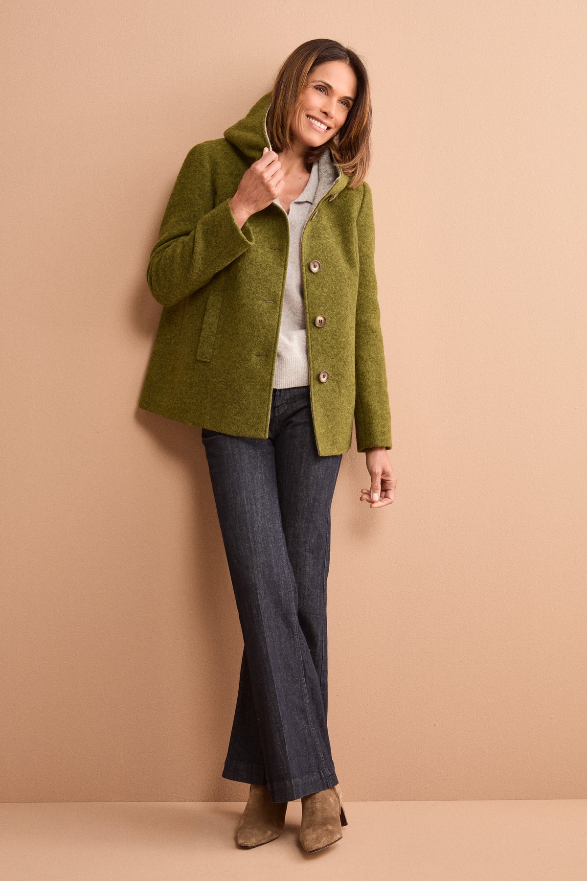 Short Hooded Coat in Boiled Wool Blend - Canary yellow