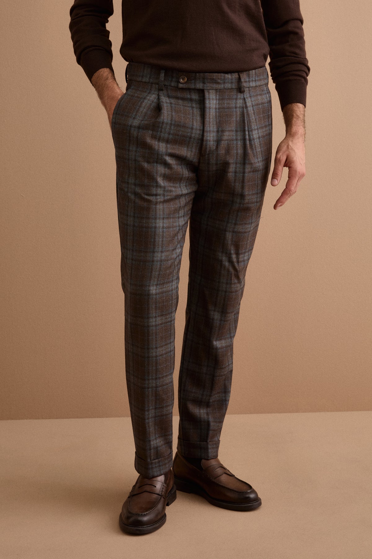Herren Karierte Wollhose mit Bundfalten - Blaues Karo