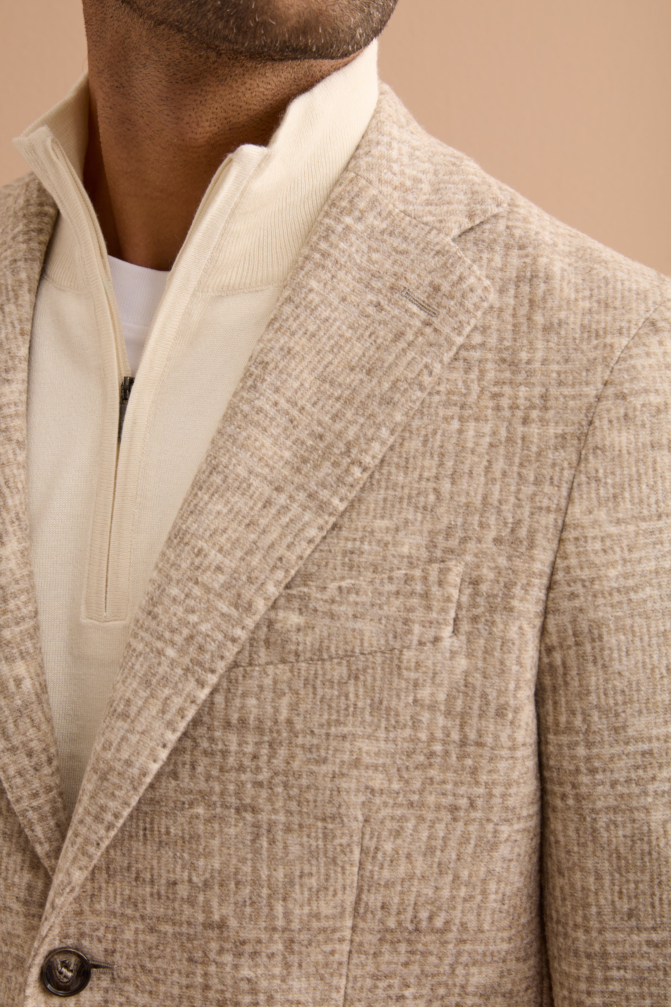 Wool Blend Single-Breasted Check Jacket - Beige check