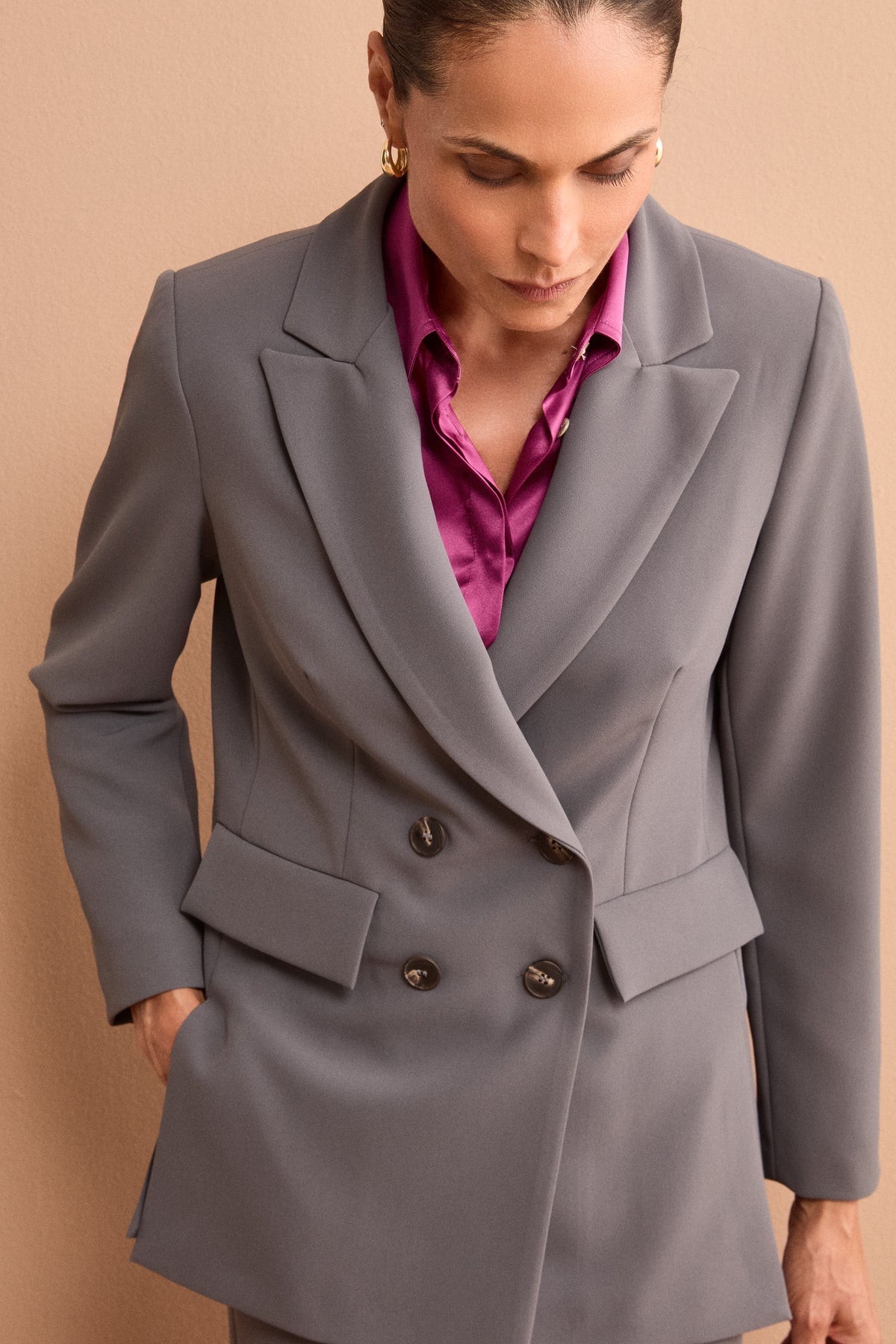 Double-Breasted Crepe Jacket - Lead grey