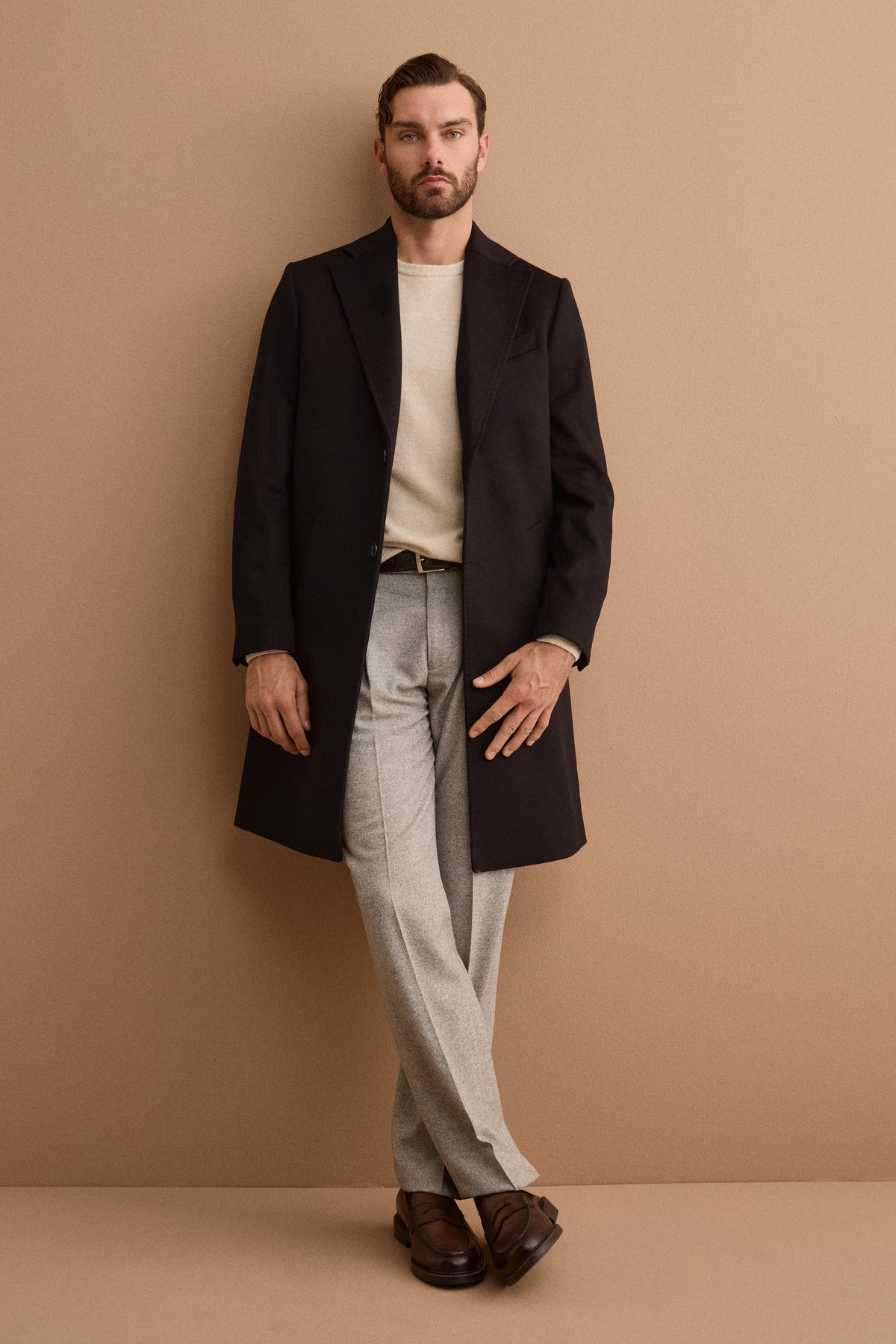 Manteau Homme Midi Monopetto en Laine et Cachemire - NOIR